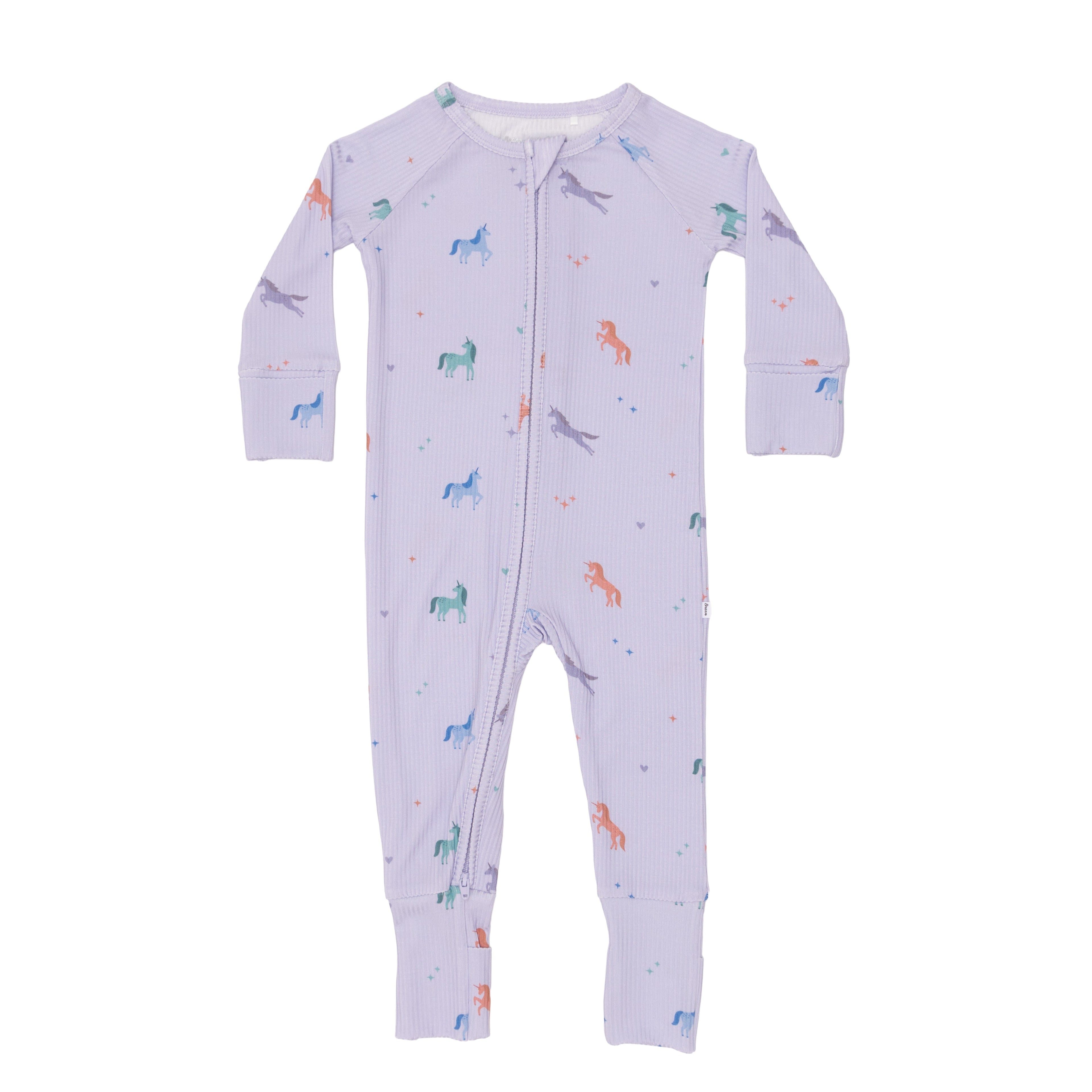 Baby onesie with unicorn patterns on a white background