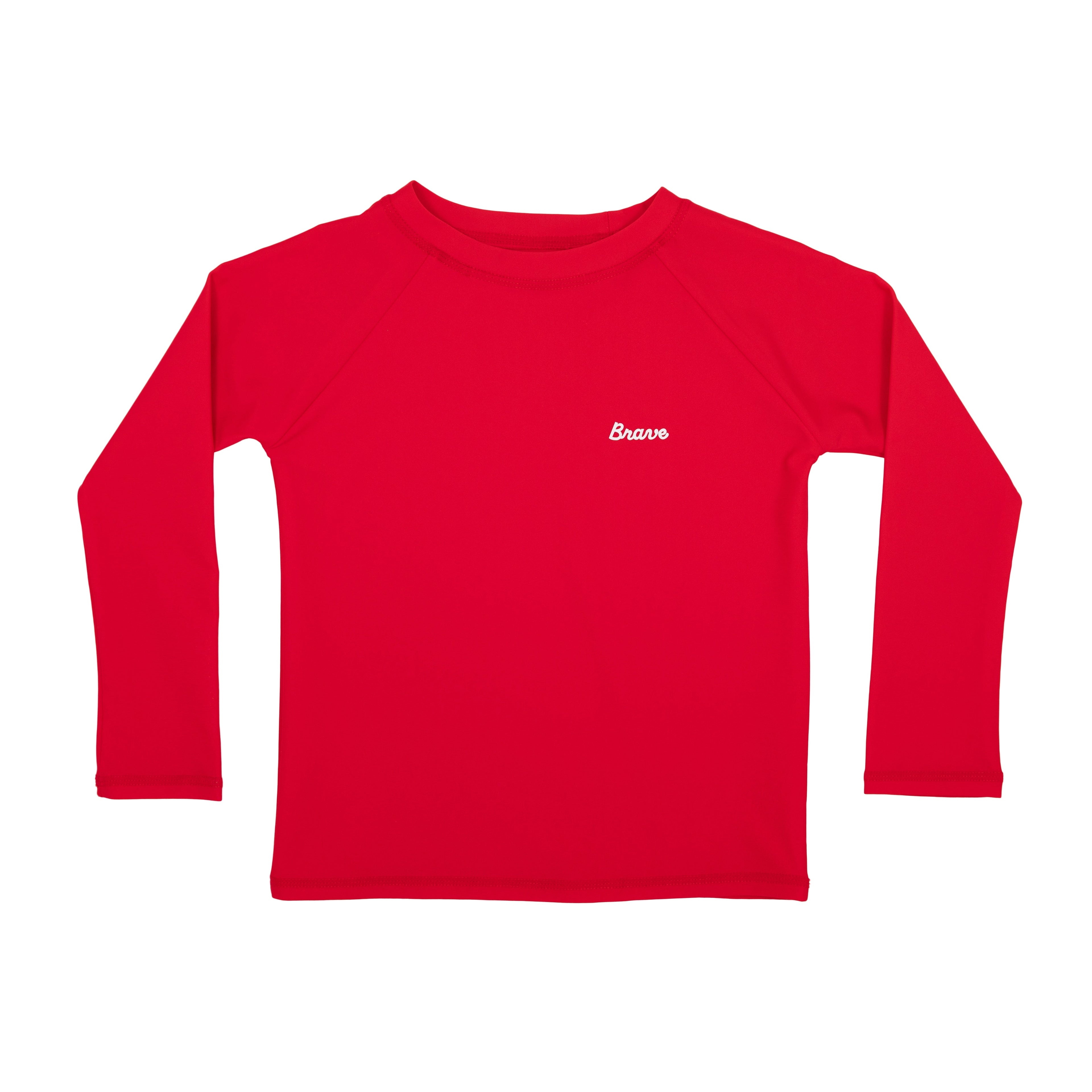 Red long-sleeve rash guard with 'Brave' logo on a white background