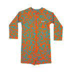 Orange and blue squiggly patterned boy swimsuit on a white background