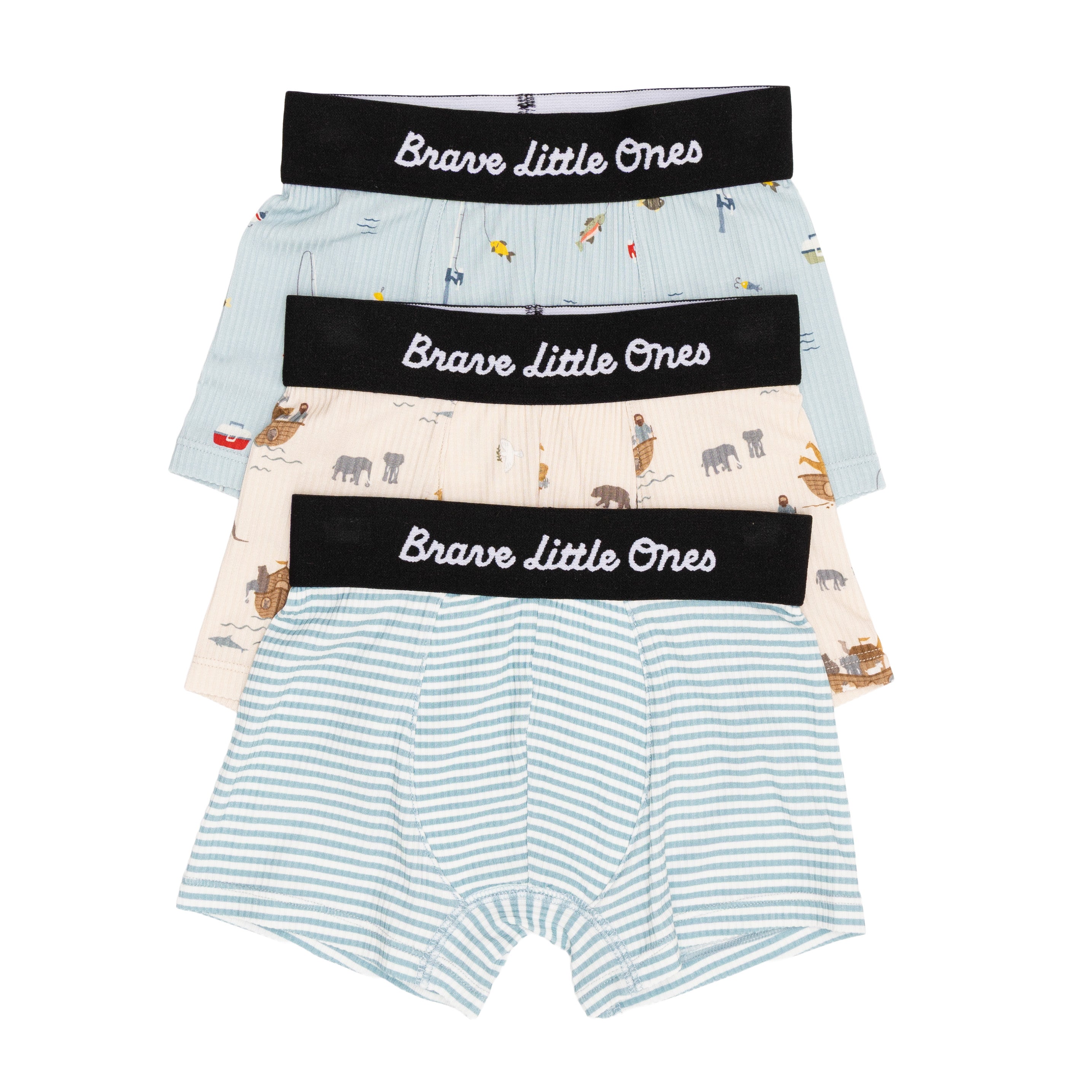 Set of children's underwear with striped, fishing and biblical patterns and 'Brave Little Ones' waistbands on a white background.