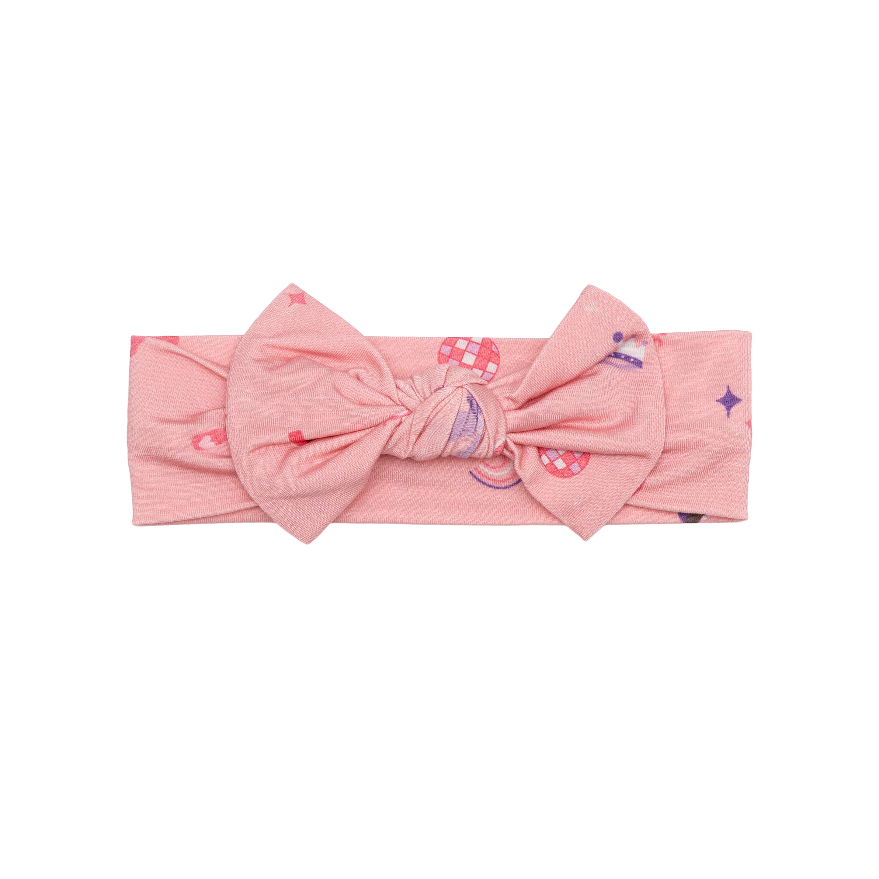 Pink headband with a bow and colorful girly designs on a white background