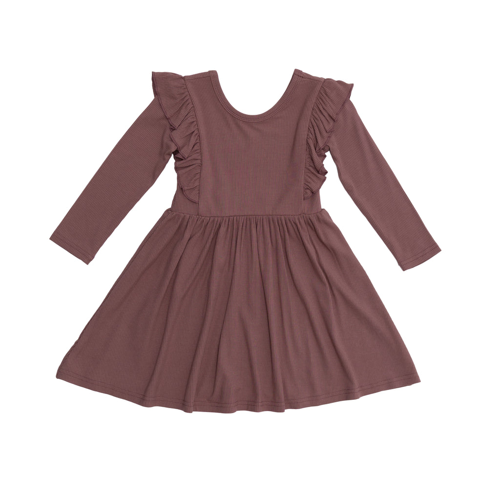 Plum Small Ribbed Ruffle Long Sleeve Dress