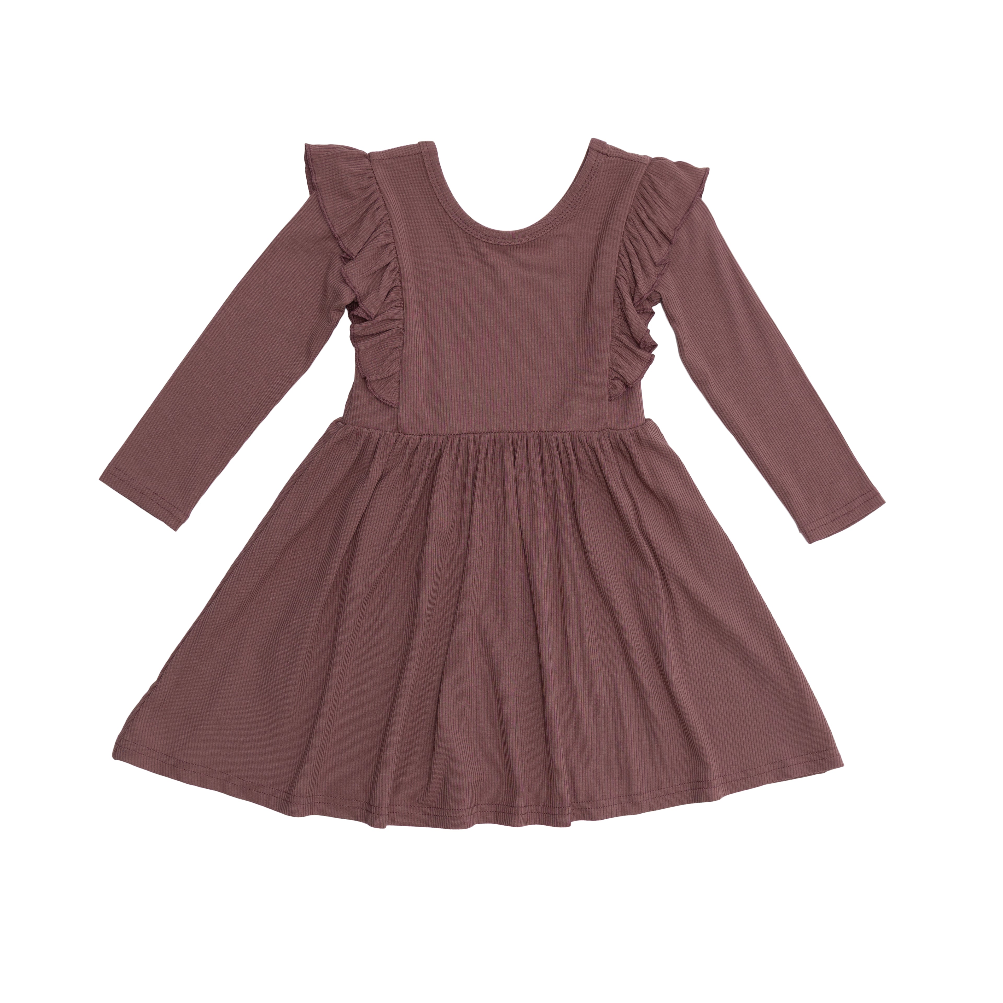 Plum Small Ribbed Ruffle Long Sleeve Dress