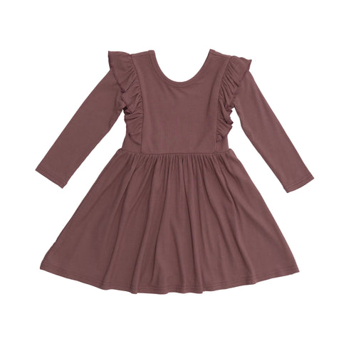 Plum Small Ribbed Ruffle Long Sleeve Dress