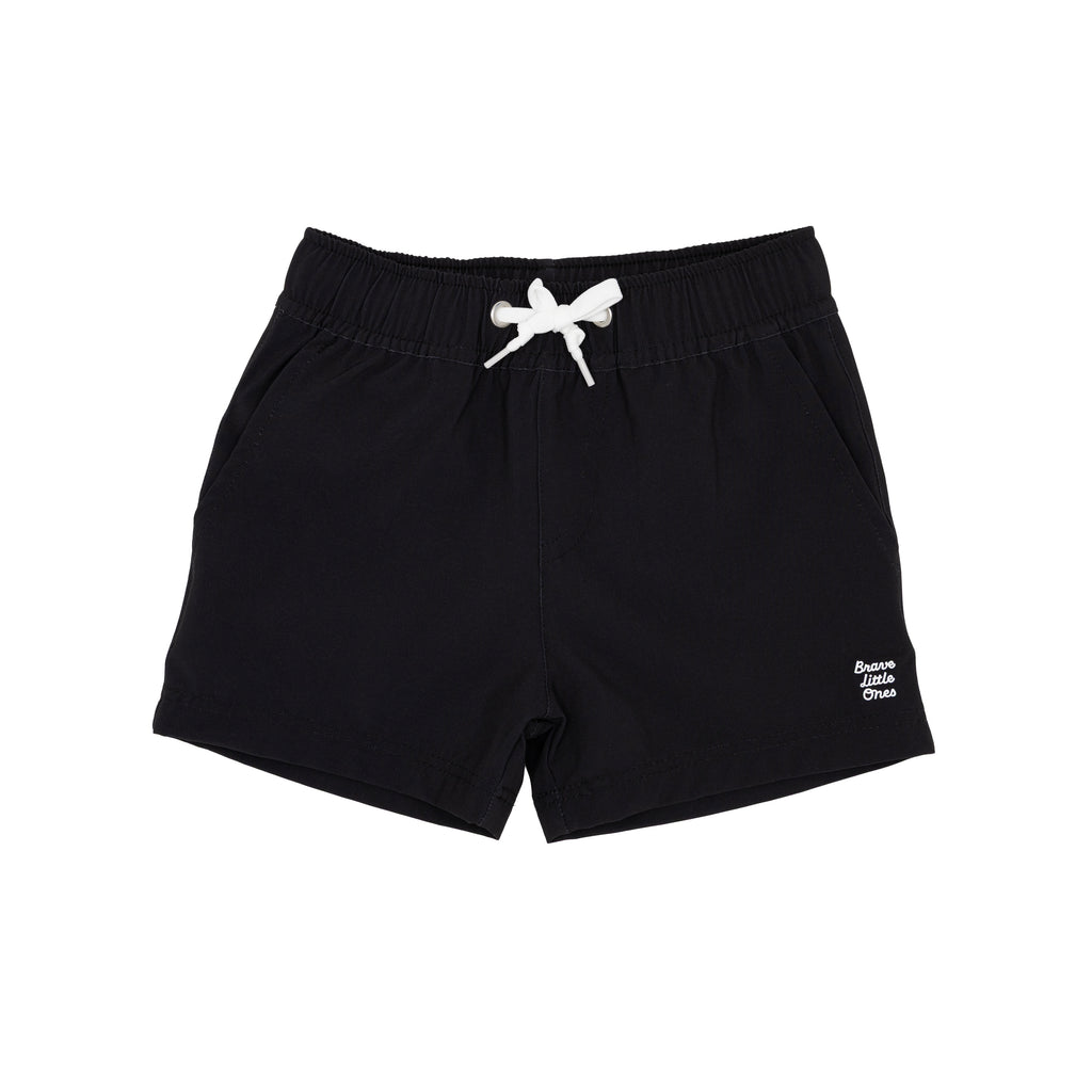 Black shorts with a white logo on a white background