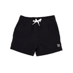 Black shorts with a white logo on a white background