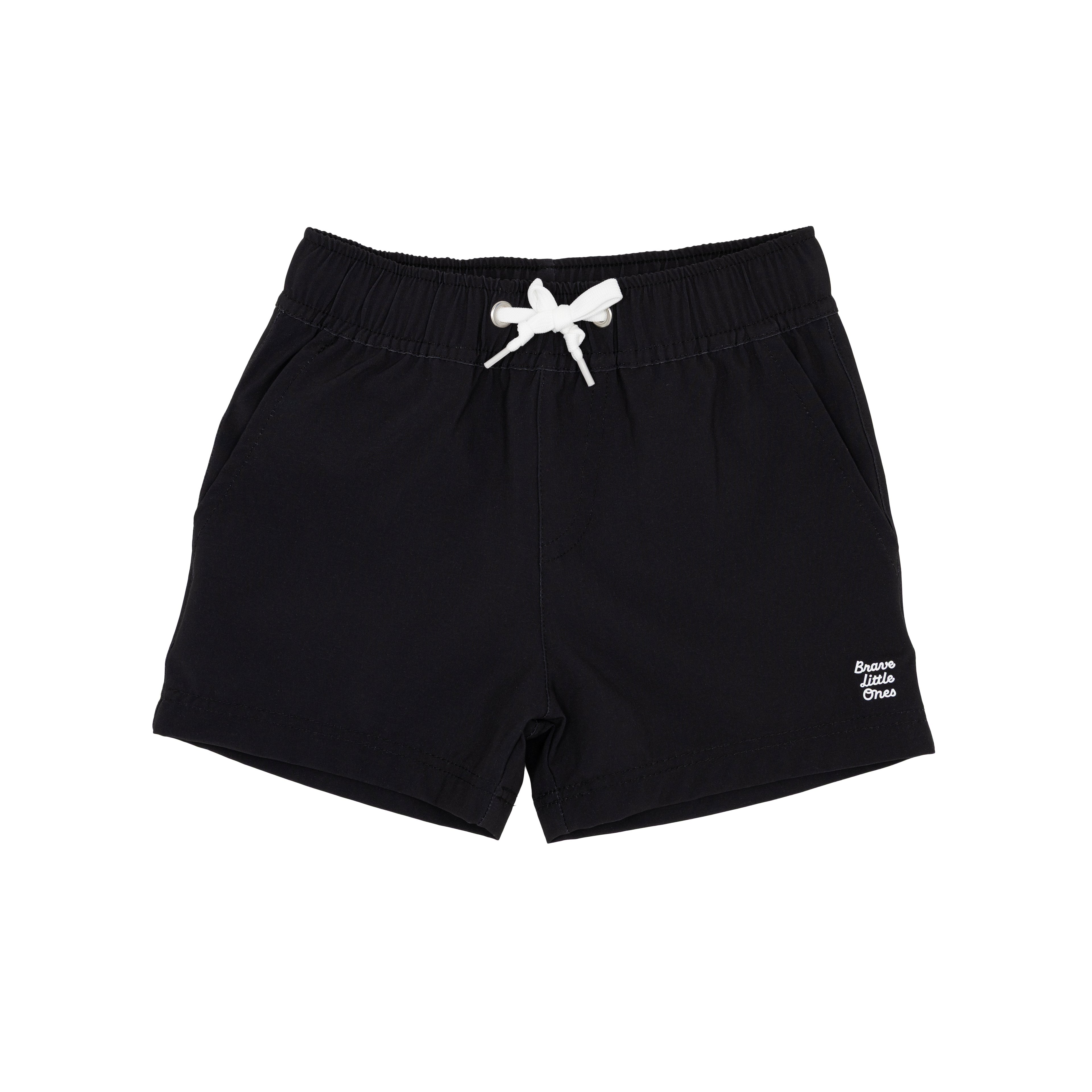 Black shorts with a white logo on a white background