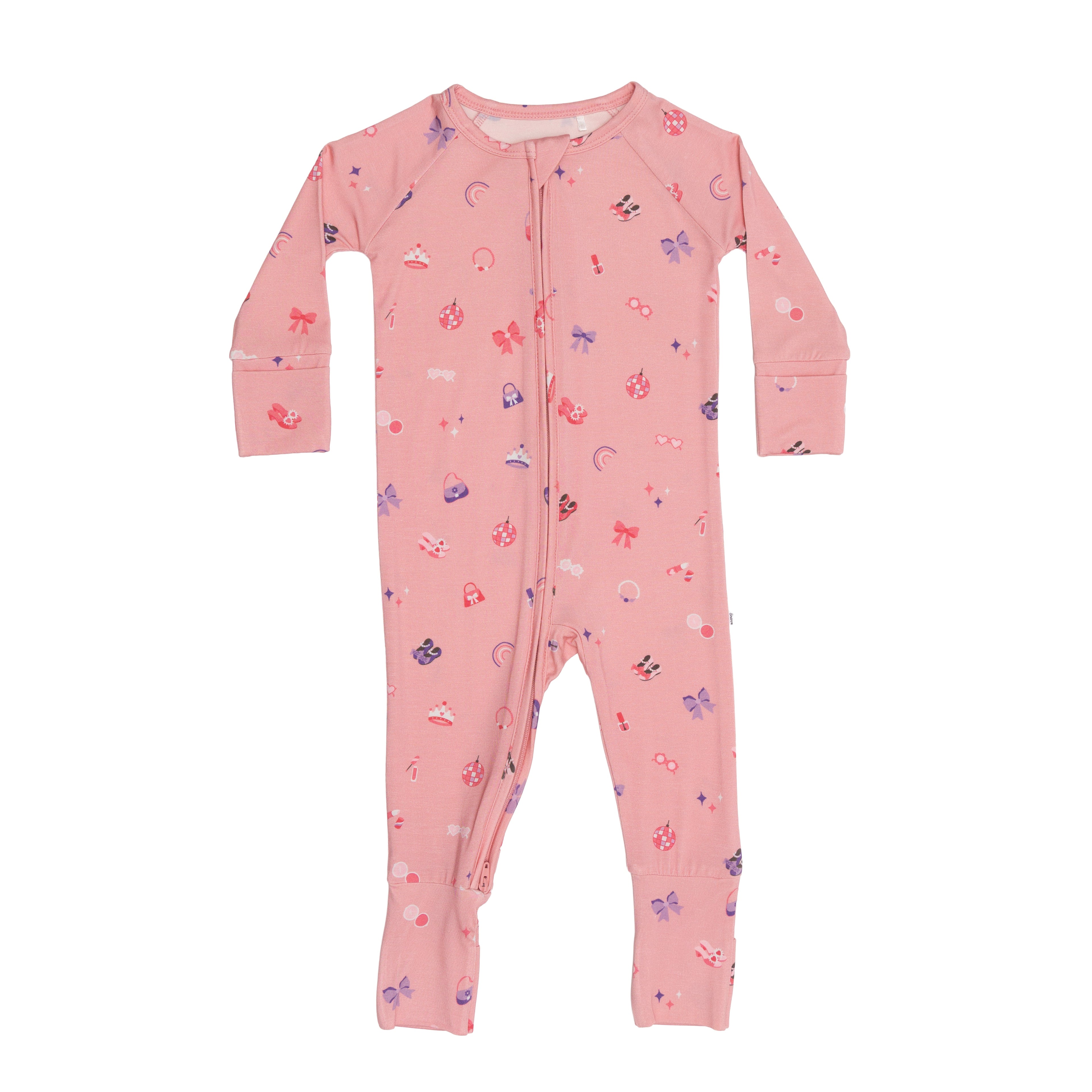 Pink baby onesie with girly patterns on a white background