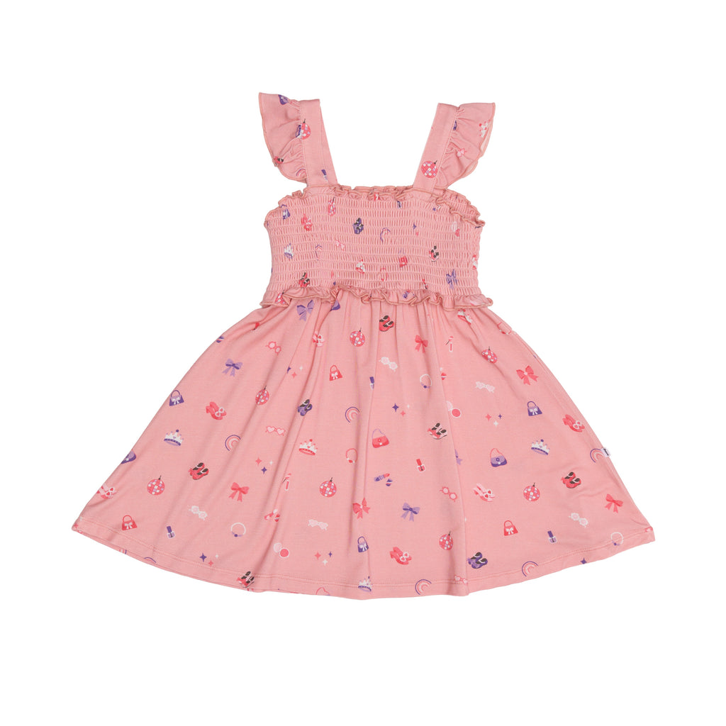 Pink dress with girly patterns on a white background