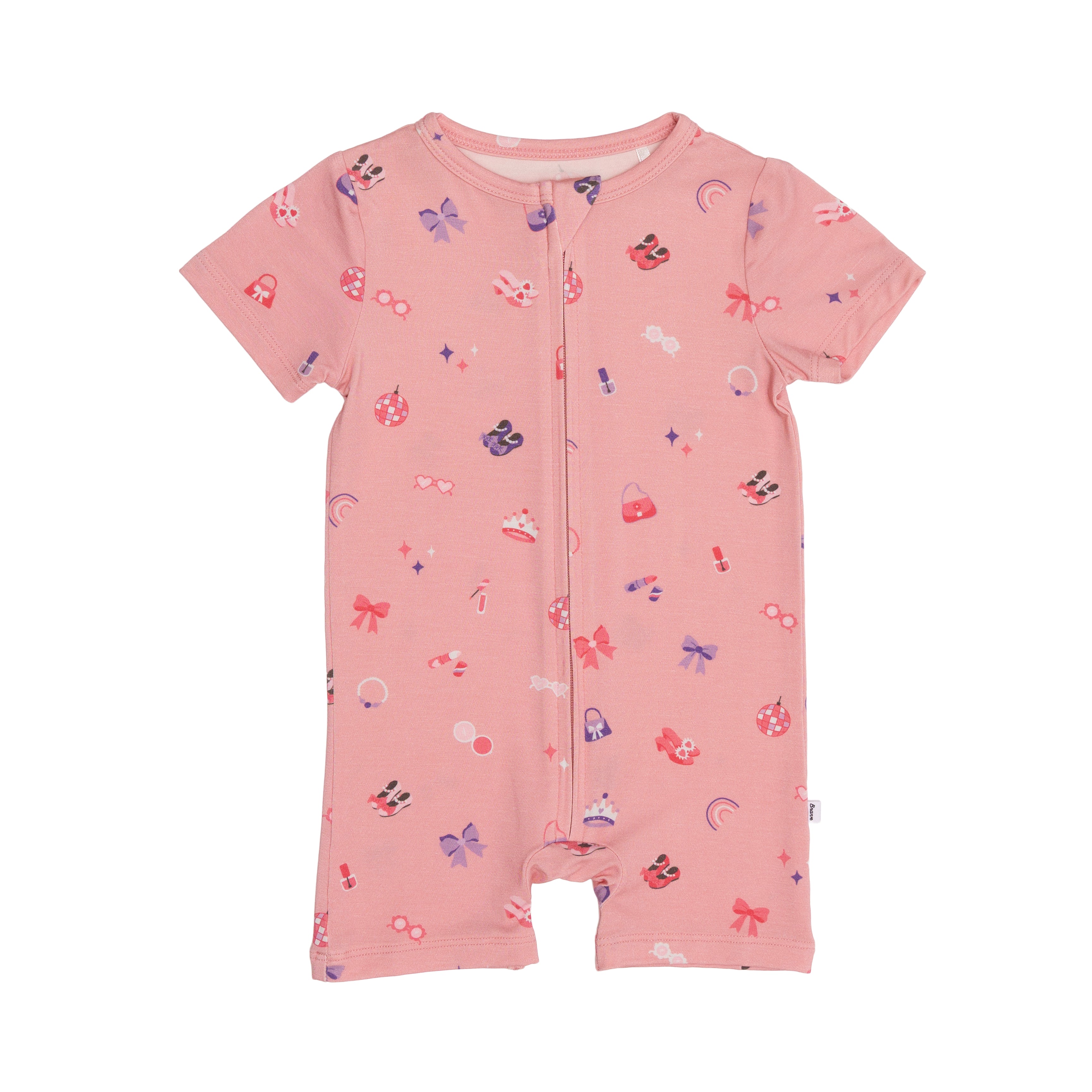 Pink baby romper with colorful girly patterns on a white background