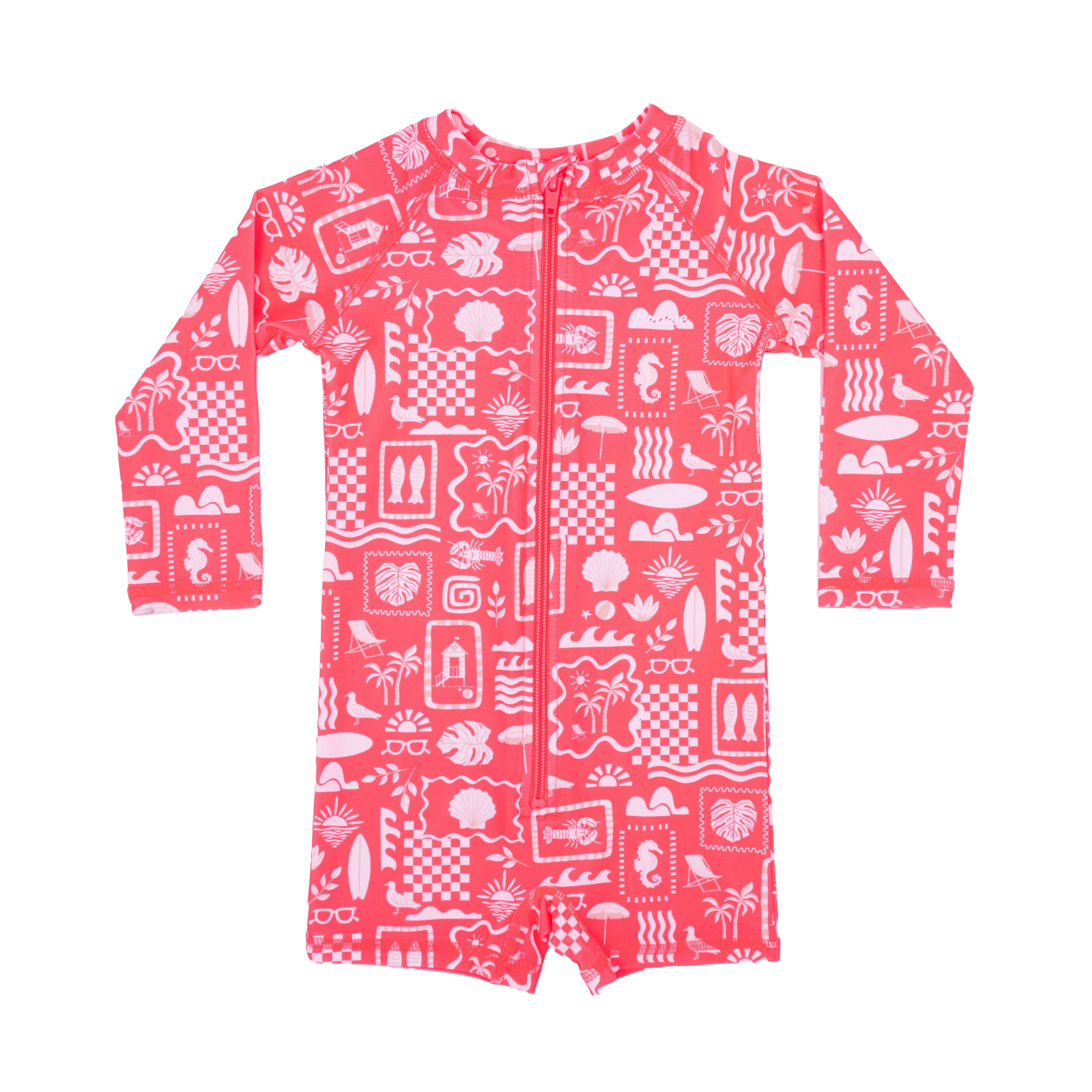 Neon Coral Summer Block Long Sleeve Rash Guard Boy Shortie