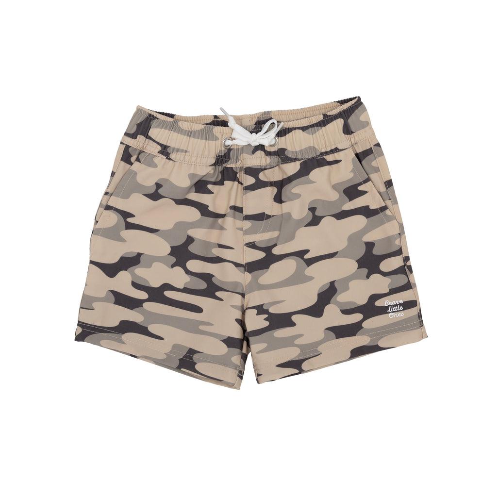 Camouflage shorts with a brand logo on a white background