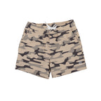 Camouflage shorts with a brand logo on a white background