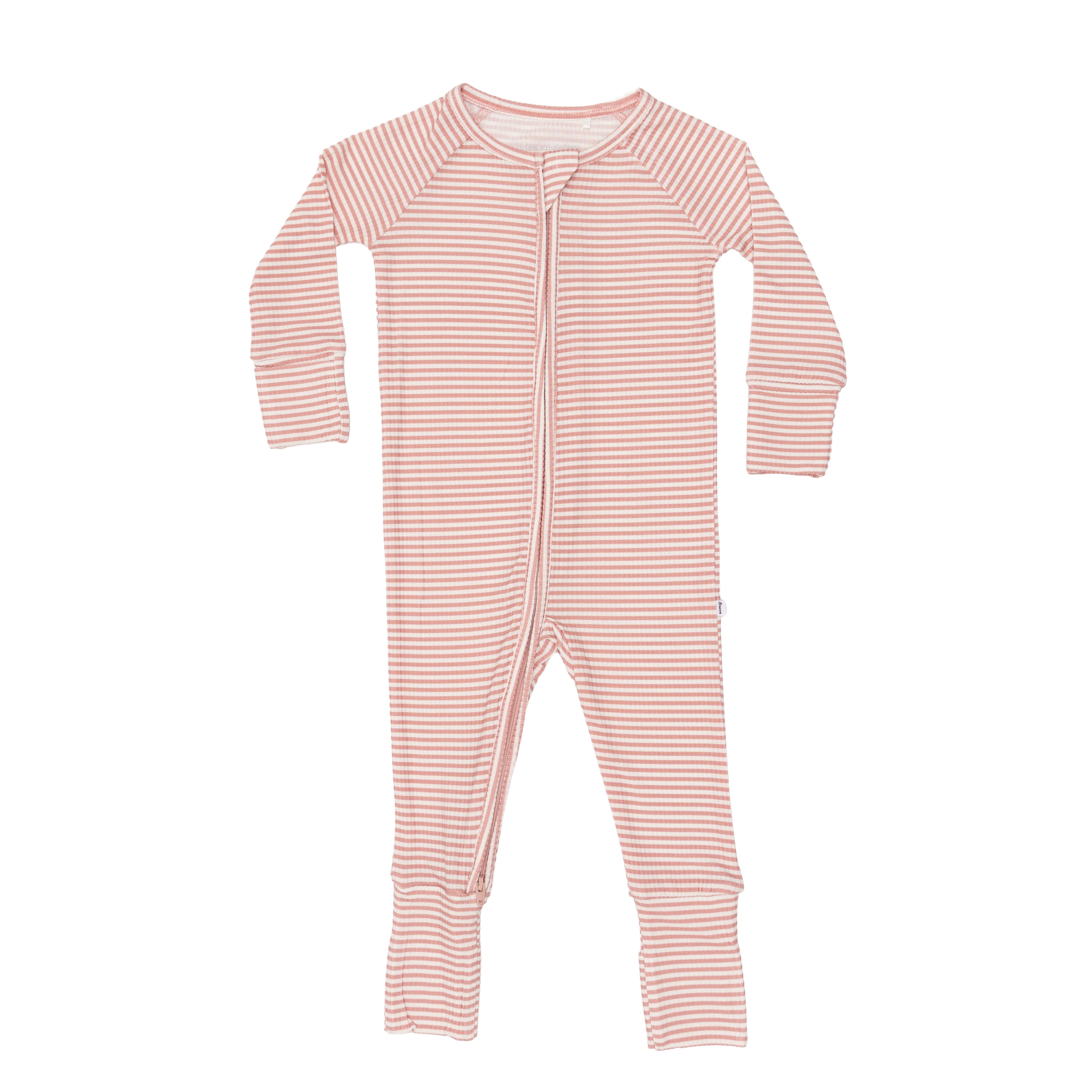 Pink striped baby onesie on a white background