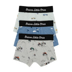 Three pairs of boys' underwear with 'Brave little ones' waistbands on a white background.