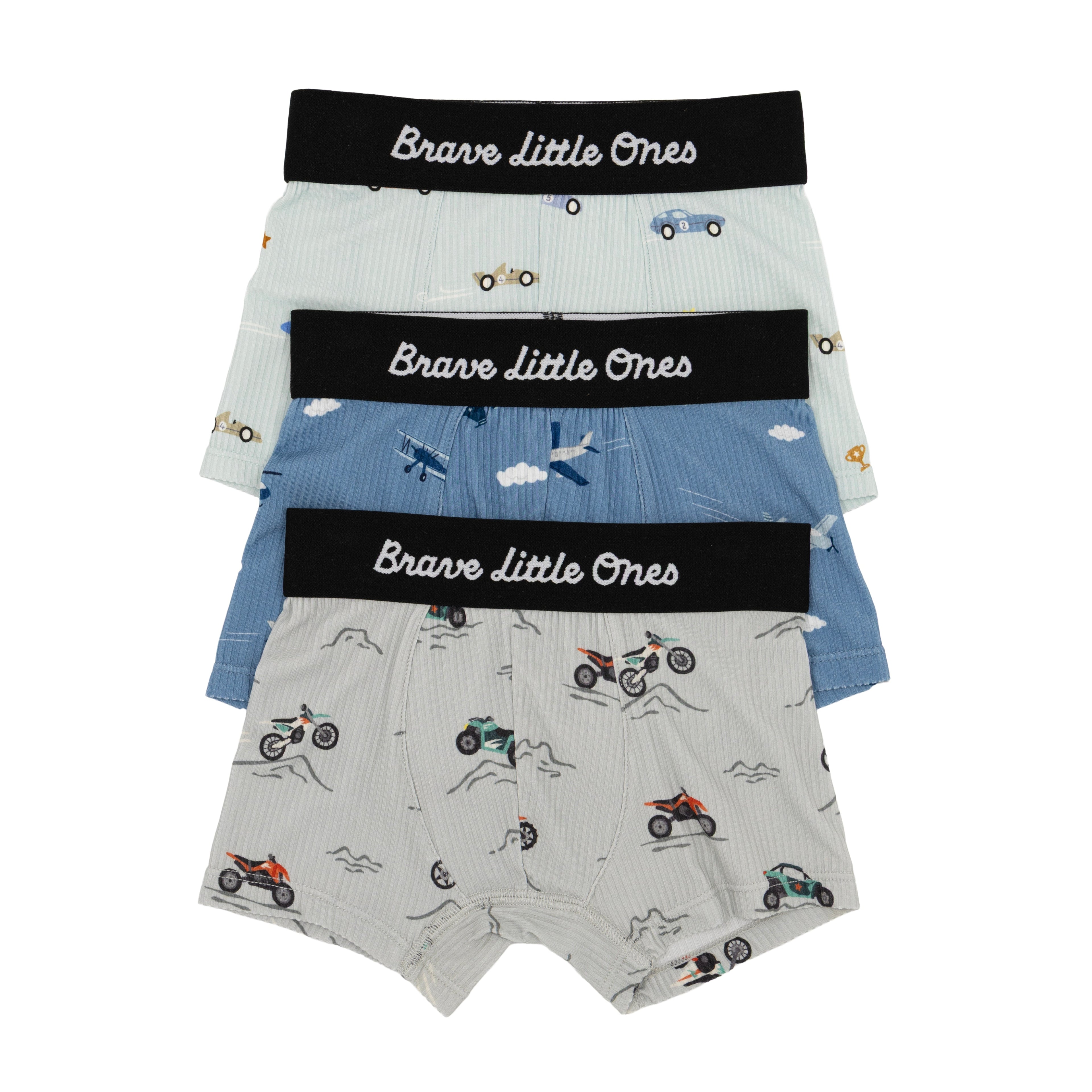 Three pairs of boys' underwear with 'Brave little ones' waistbands on a white background.