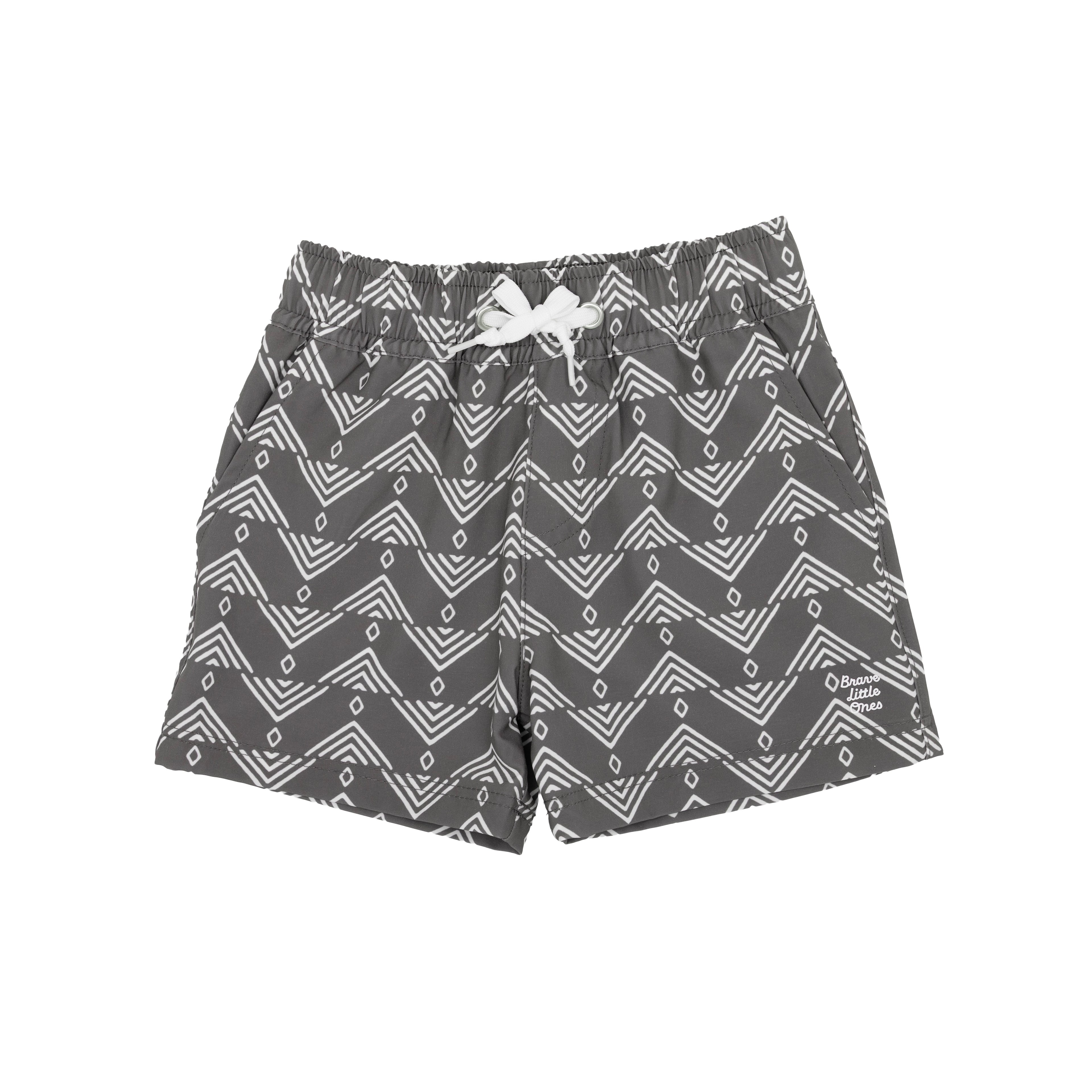 Gray shorts with geometric pattern on a white background