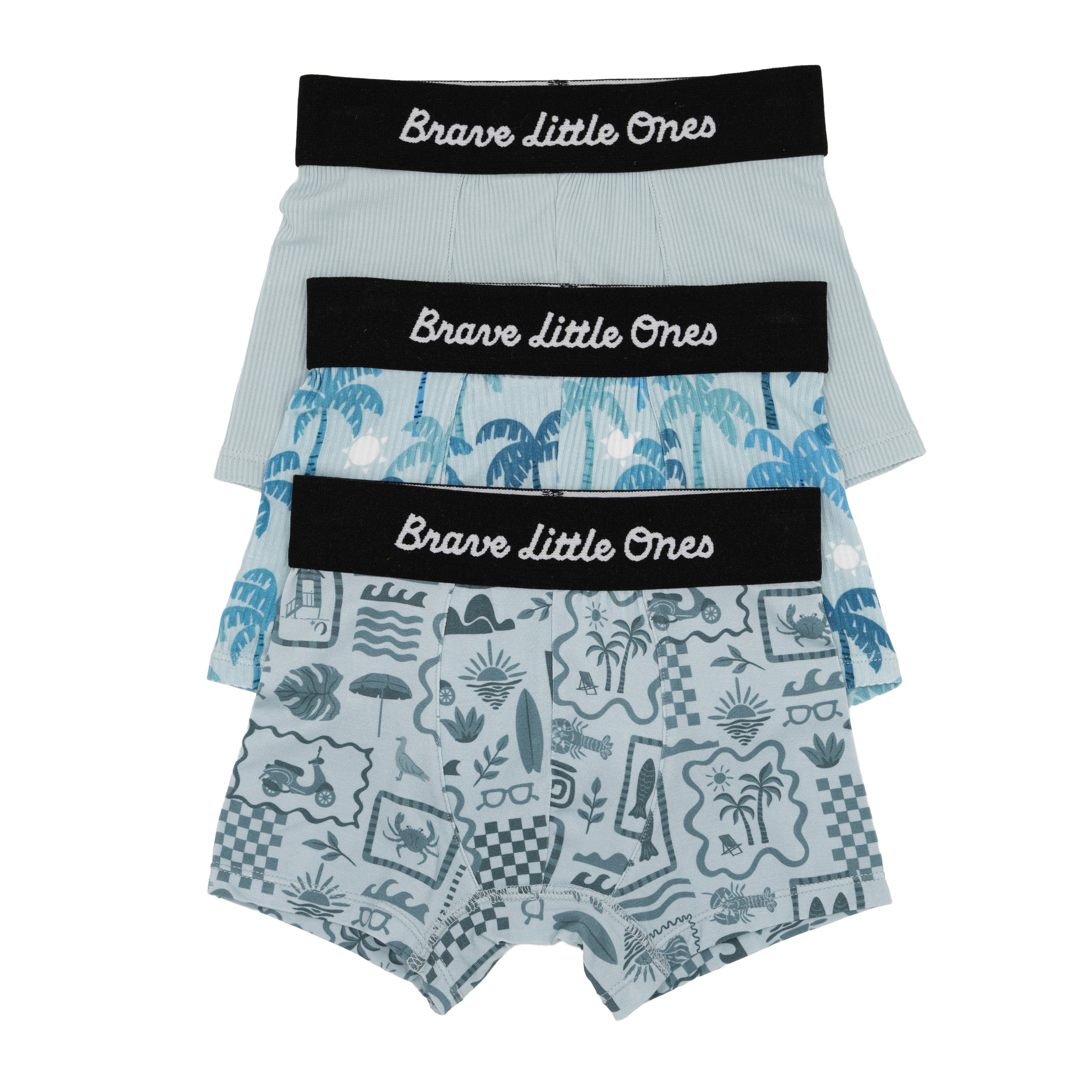 Summer Block Blue, Coastal Blue Palms and Harbor Blue Small Ribbed Boxer Brief 3 pack