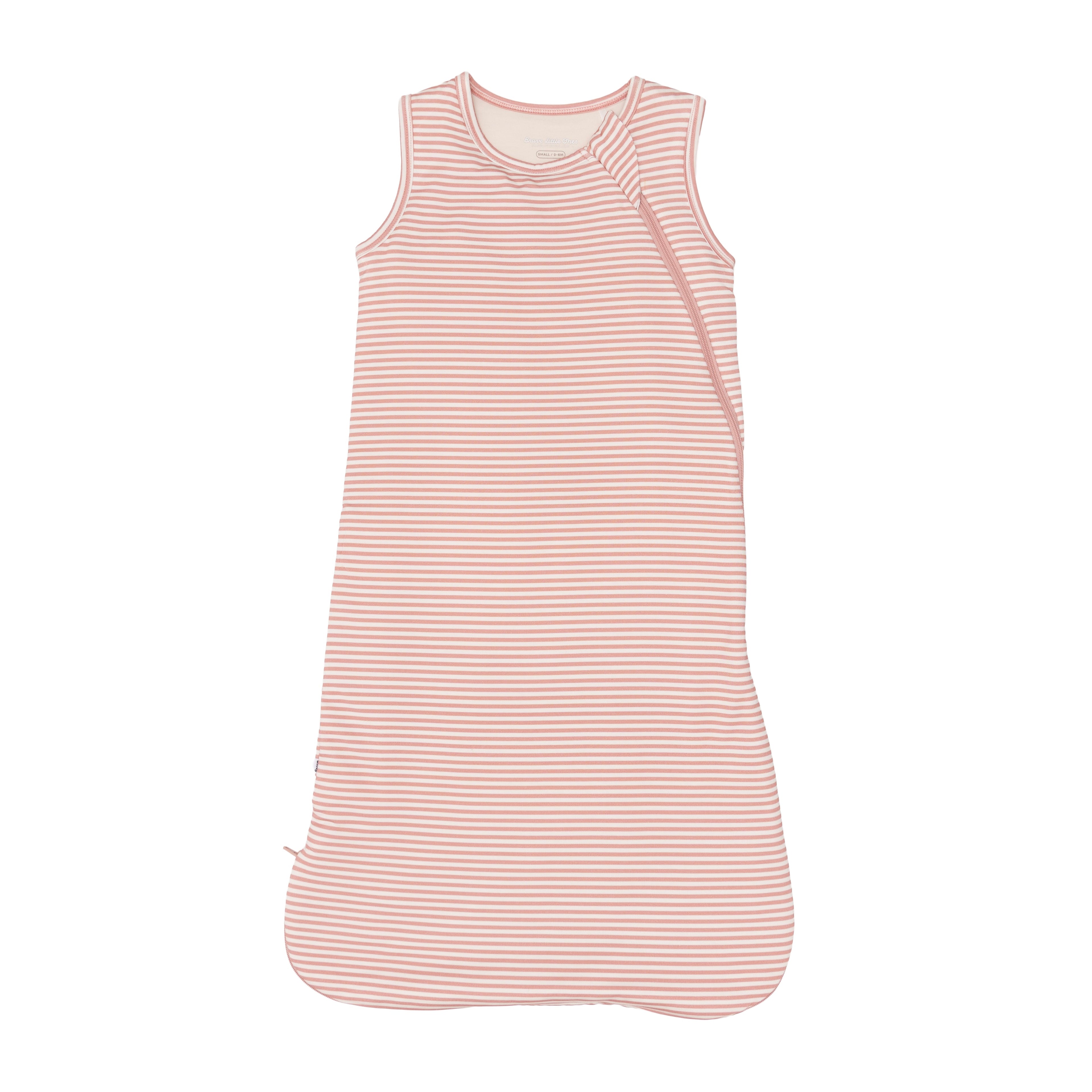Pink and white striped sleeveless sleeping bag on a white background