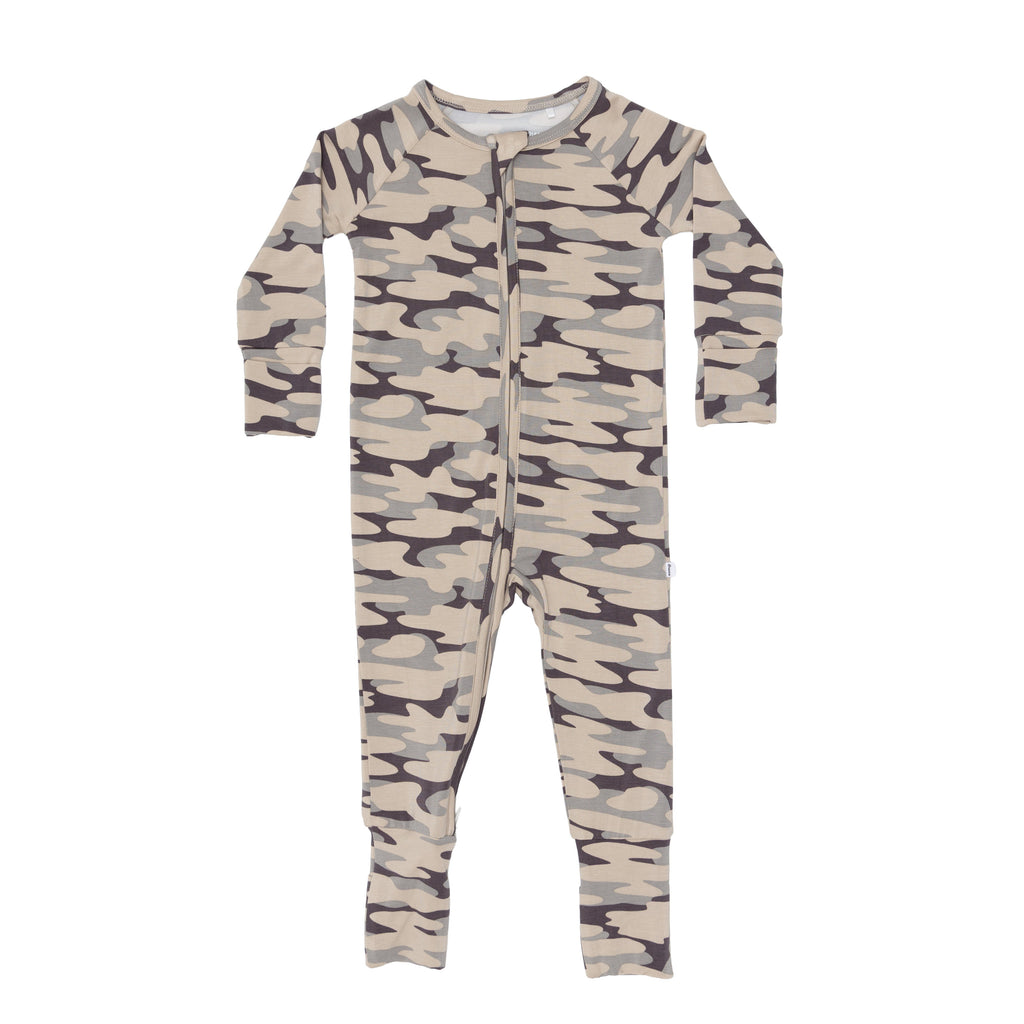 Camouflage-patterned onesie on a white background