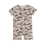 Camouflage-patterned short romper on a white background
