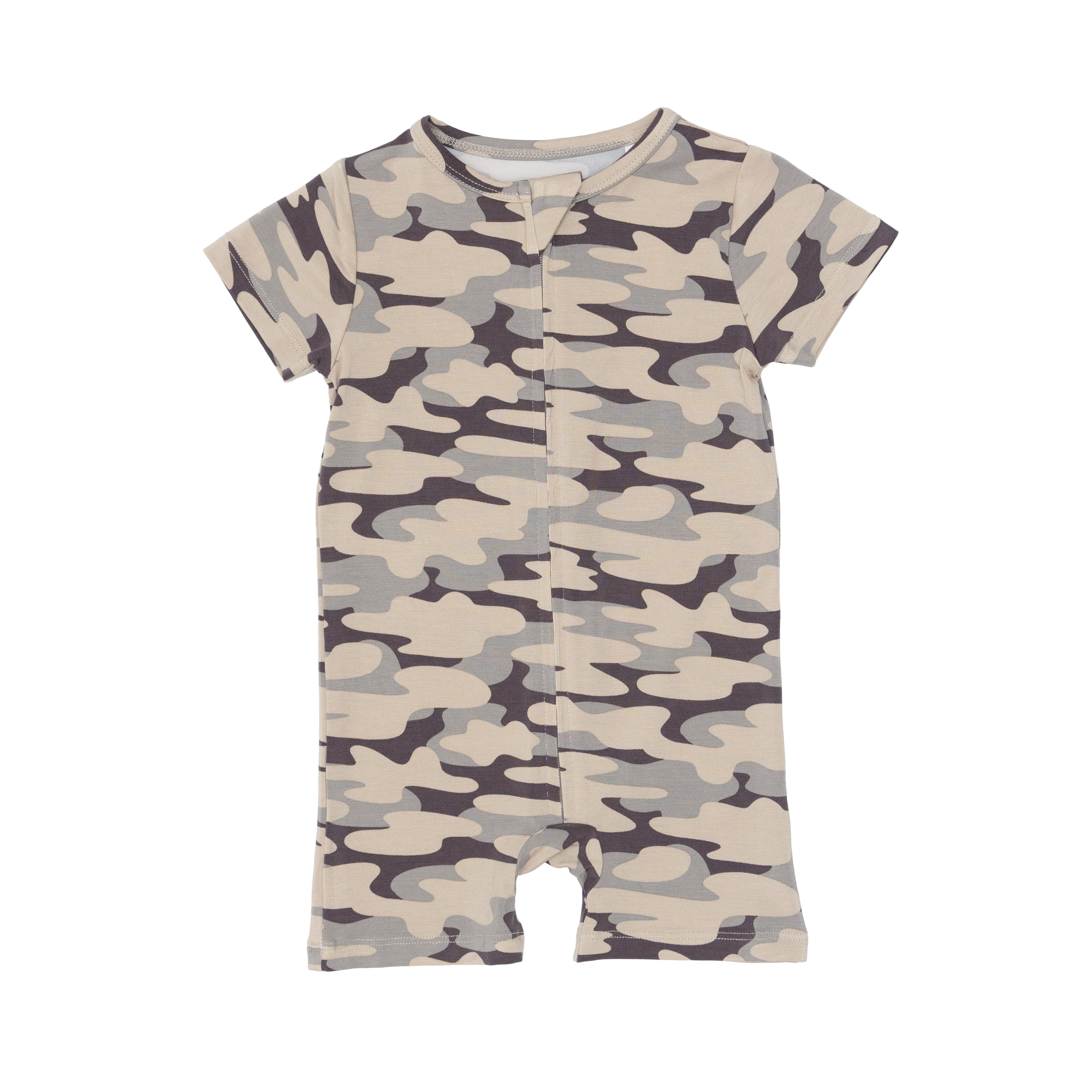 Camouflage-patterned short romper on a white background
