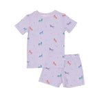 Children's pajama set with short-sleeve top and shorts, with unicorn design, on a white background