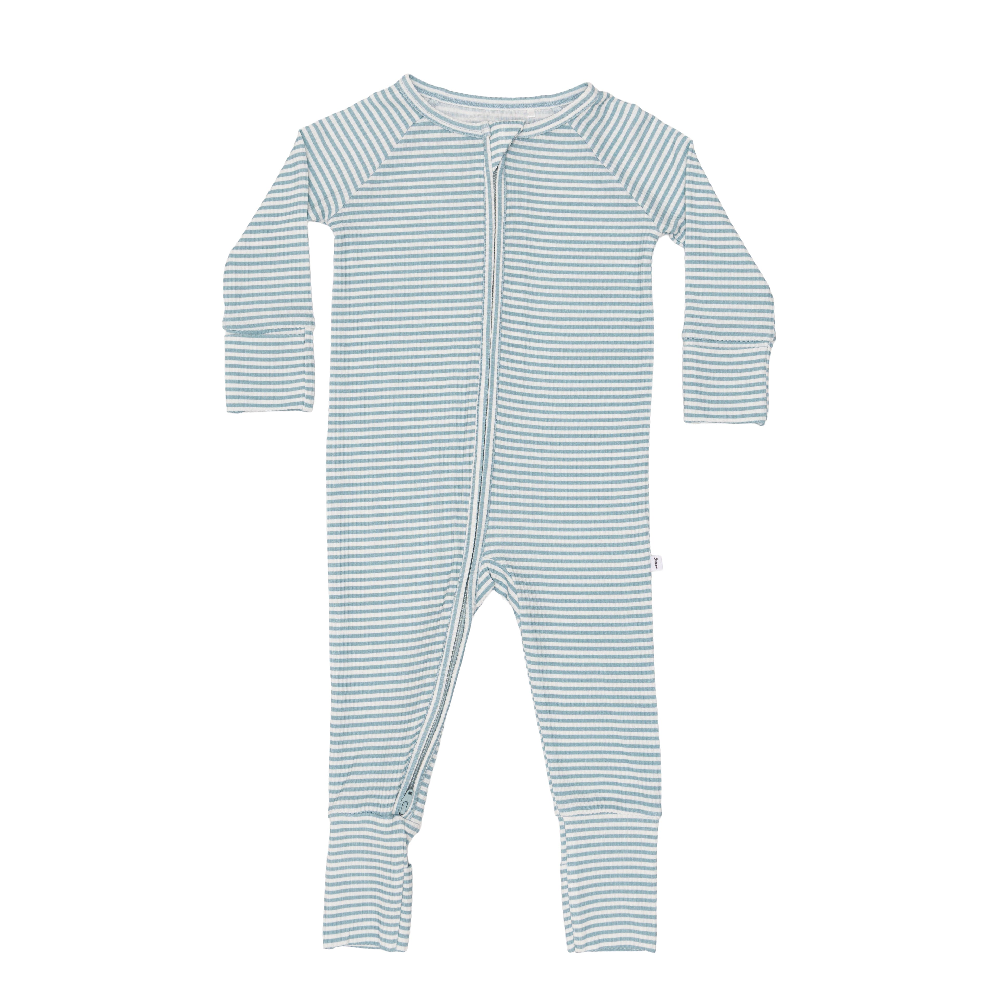 Blue and white striped baby onesie on a white background