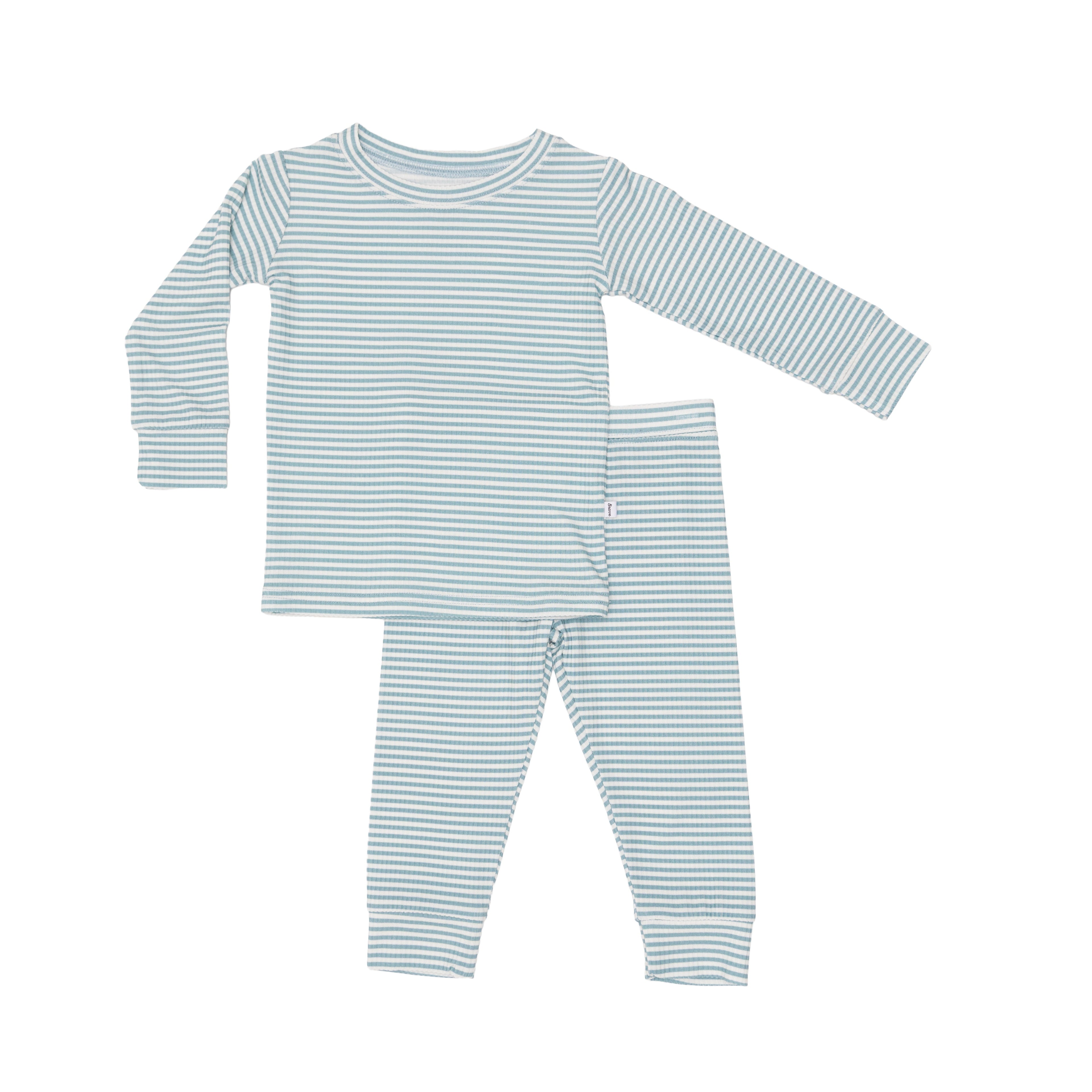 Blue and white striped pajama set with top and pants on a white background