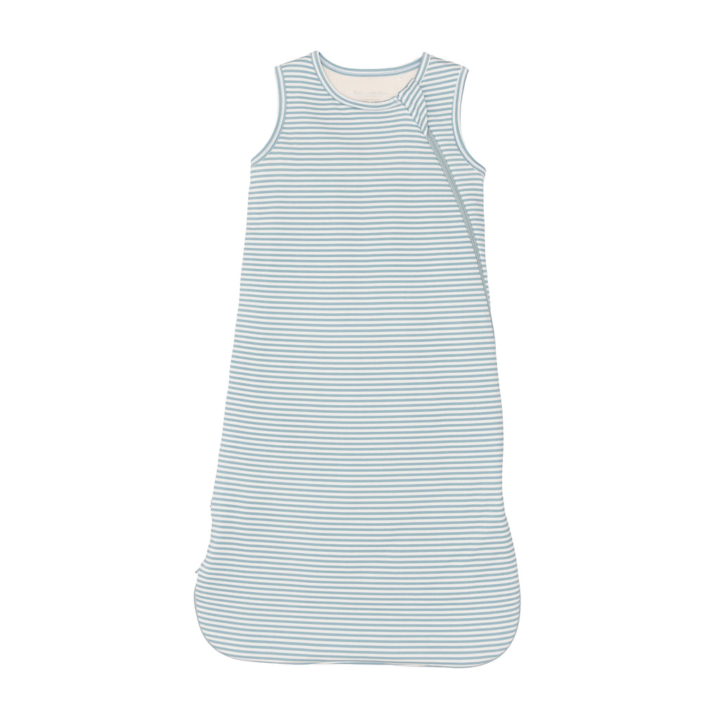 Blue and white striped sleep sack on a white background