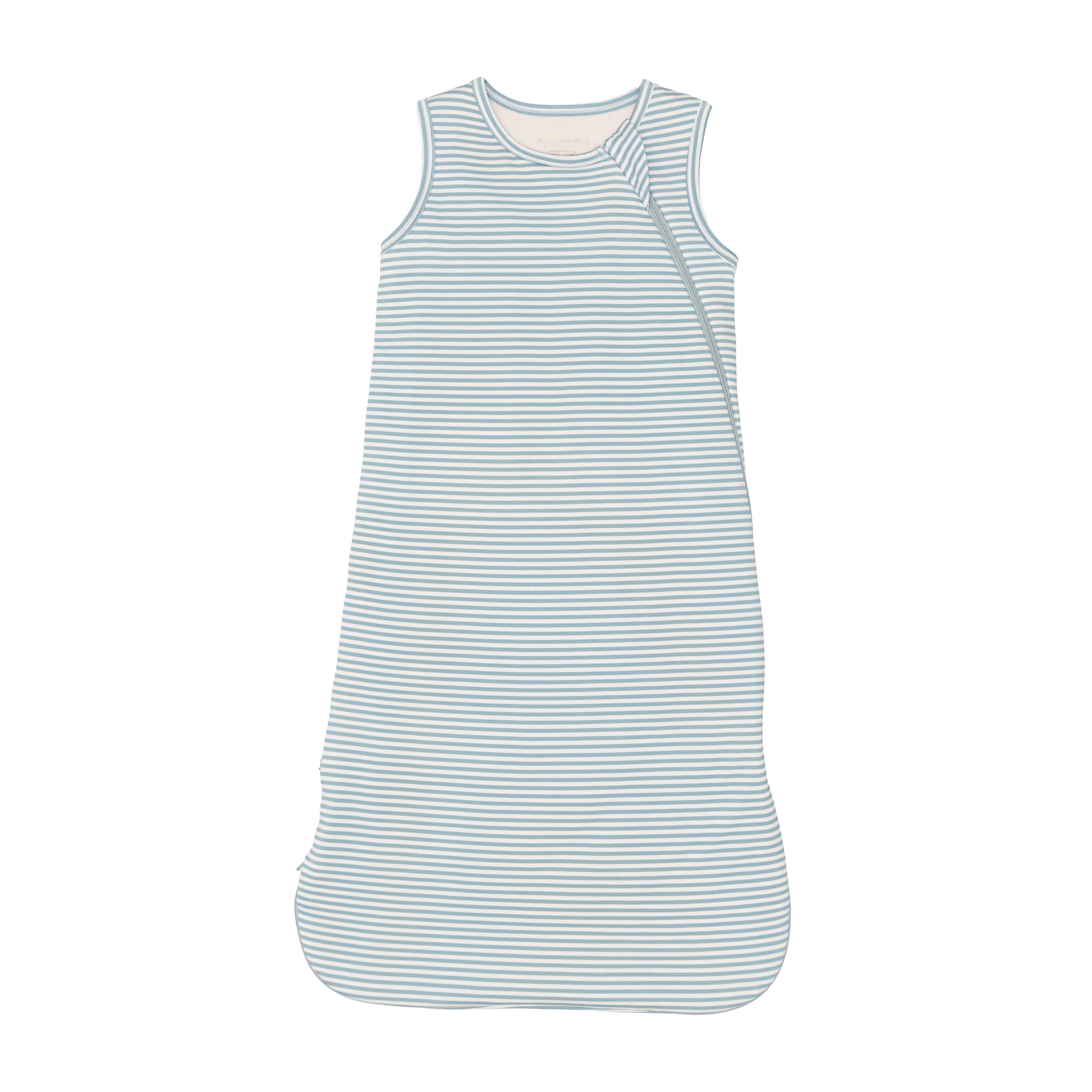 Blue and white striped sleep sack on a white background