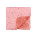 Pink baby blanket with small girly patterns on a white background