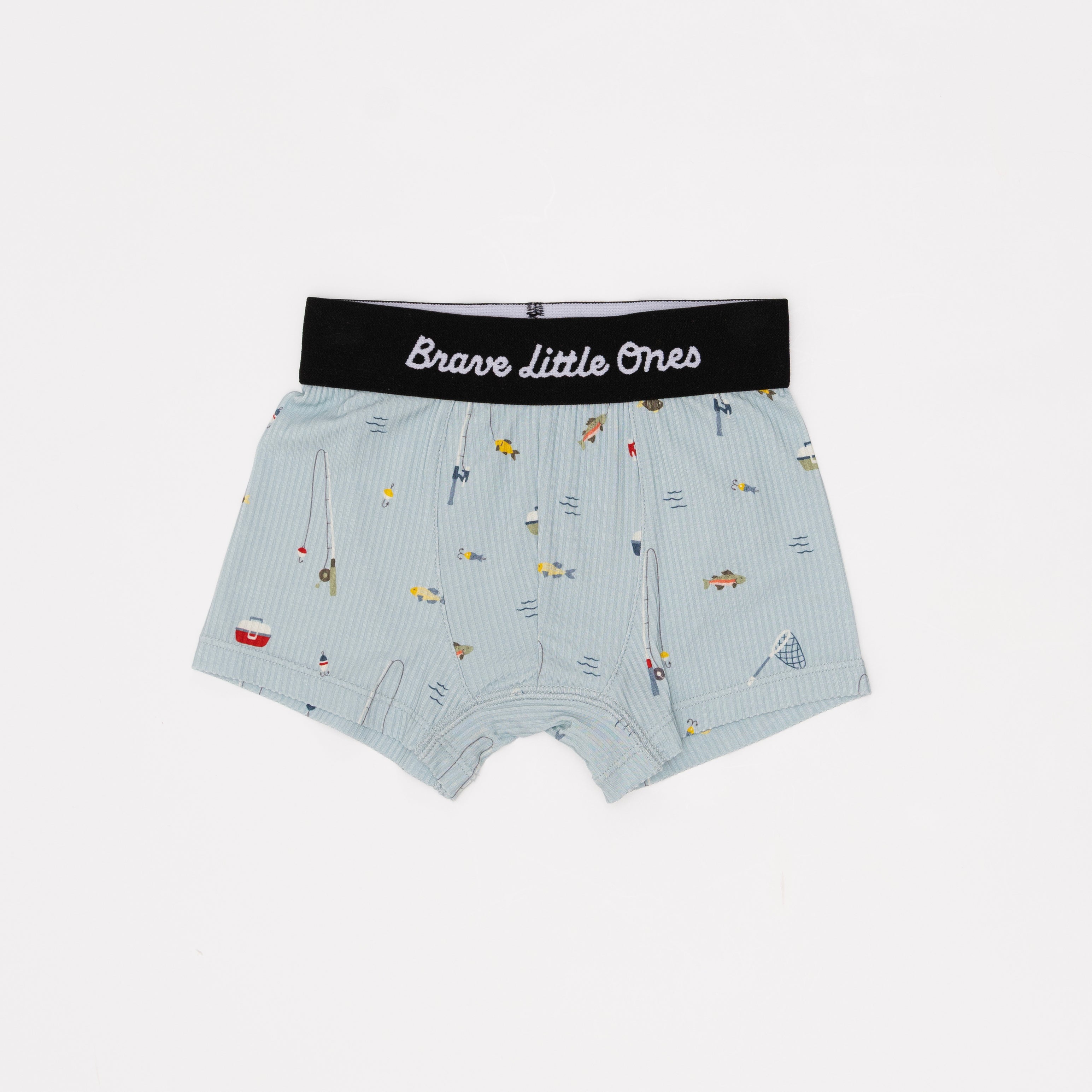 Children's underwear with fishing patterns and 'Brave Little Ones' waistband on a white background