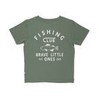 Back view of a green t-shirt with 'Fishing Club' text and logo on a white background