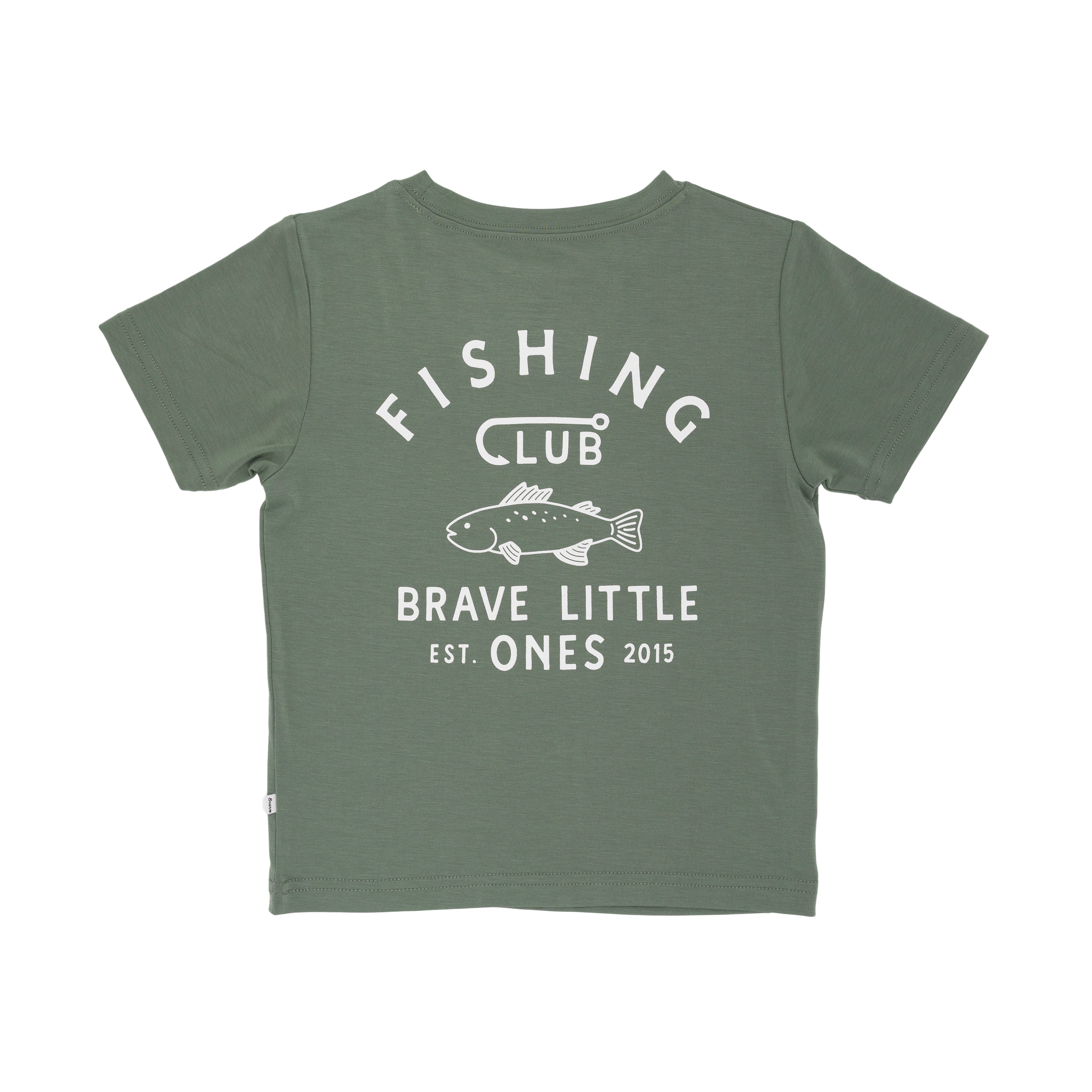Back view of a green t-shirt with 'Fishing Club' text and logo on a white background