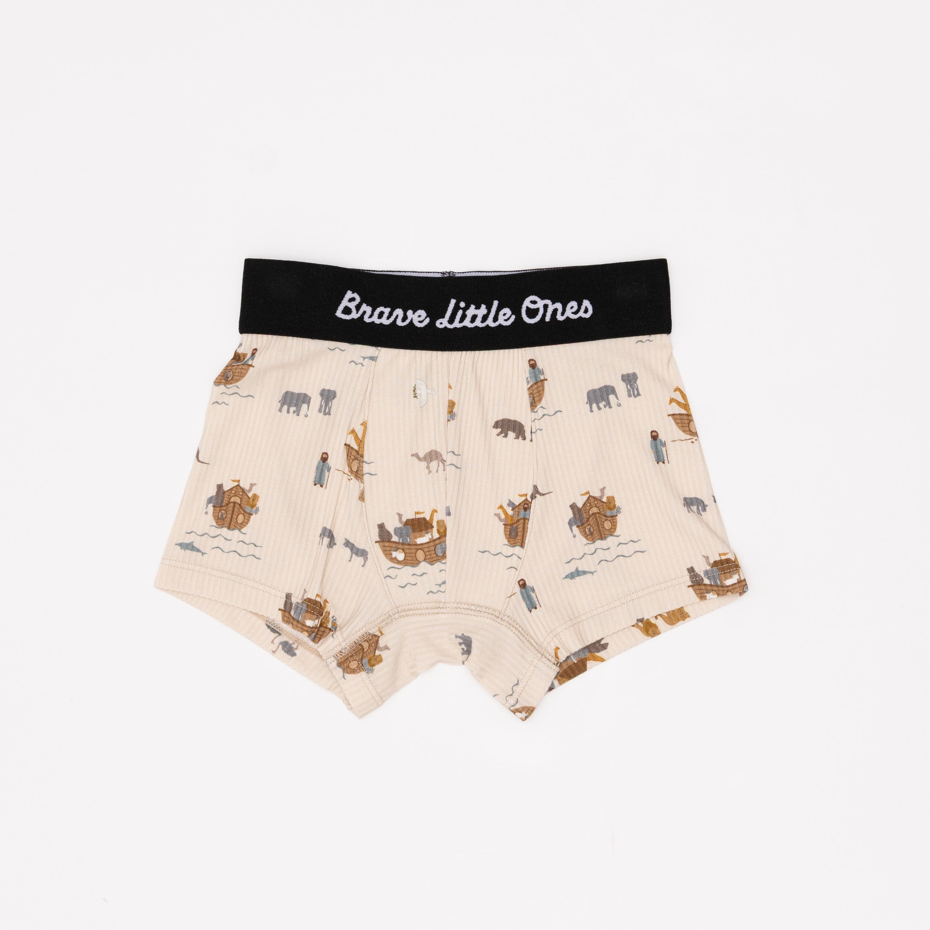 Children's underwear with biblical patterns and a 'Brave little Ones' waistband on a white background