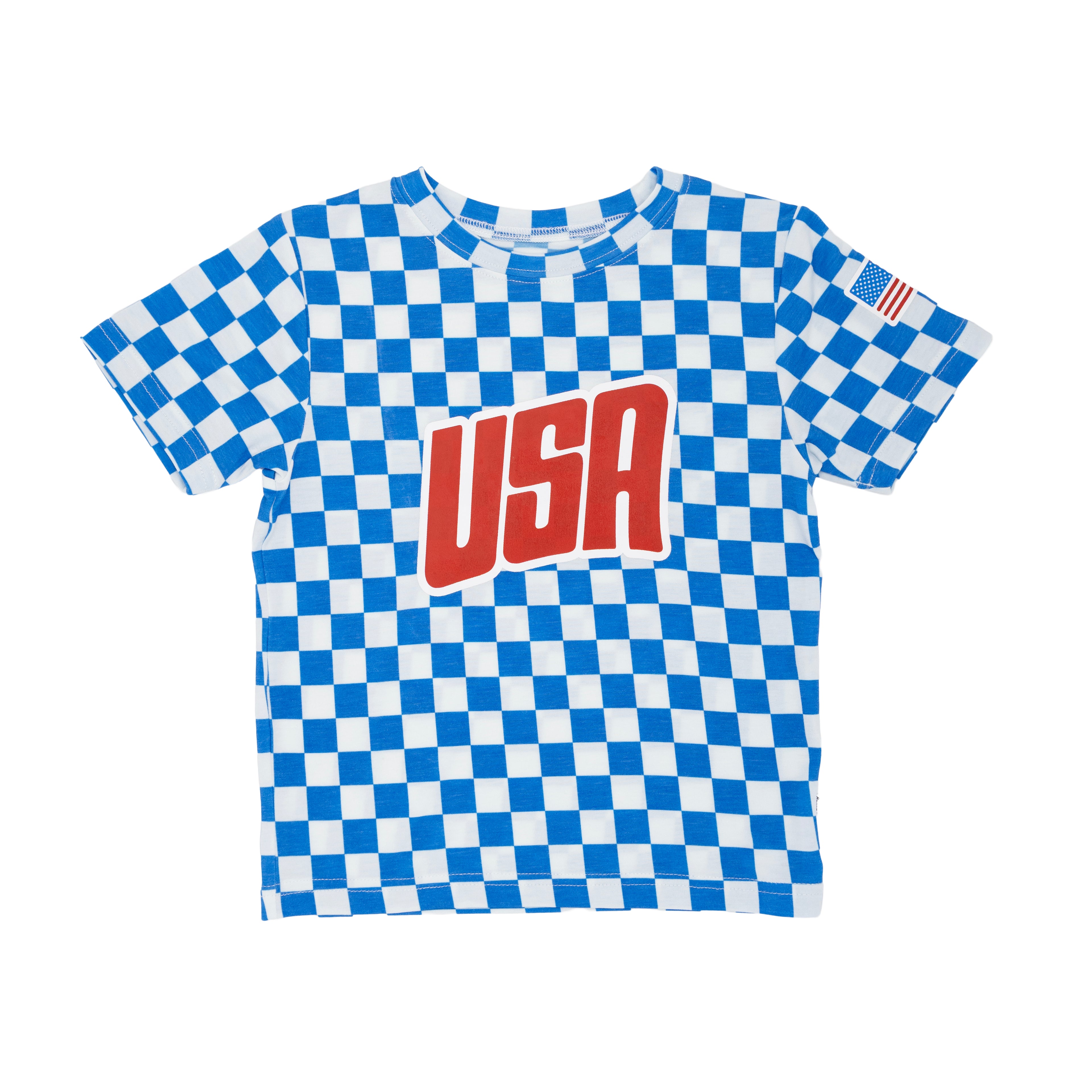 Blue and white checkered t-shirt with 'USA' print on a white background
