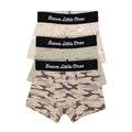 Three pairs of children's underwear with camouflage, farm animals and chickens designs, with 'Brave Little Ones' branding on a white background.