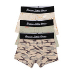 Three pairs of children's underwear with camouflage, farm animals and chickens designs, with 'Brave Little Ones' branding on a white background.