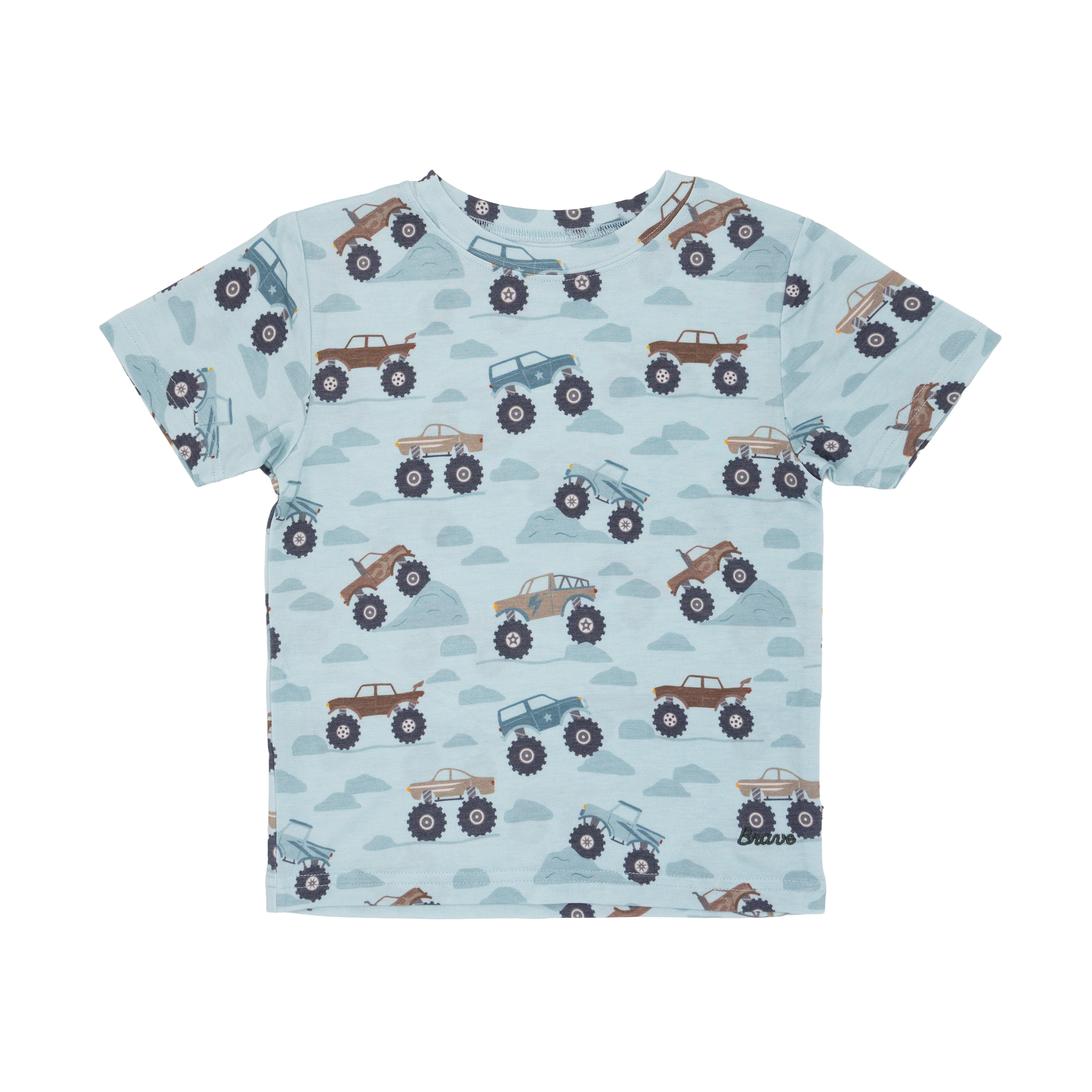 Children's light blue t-shirt with monster truck pattern on a white background