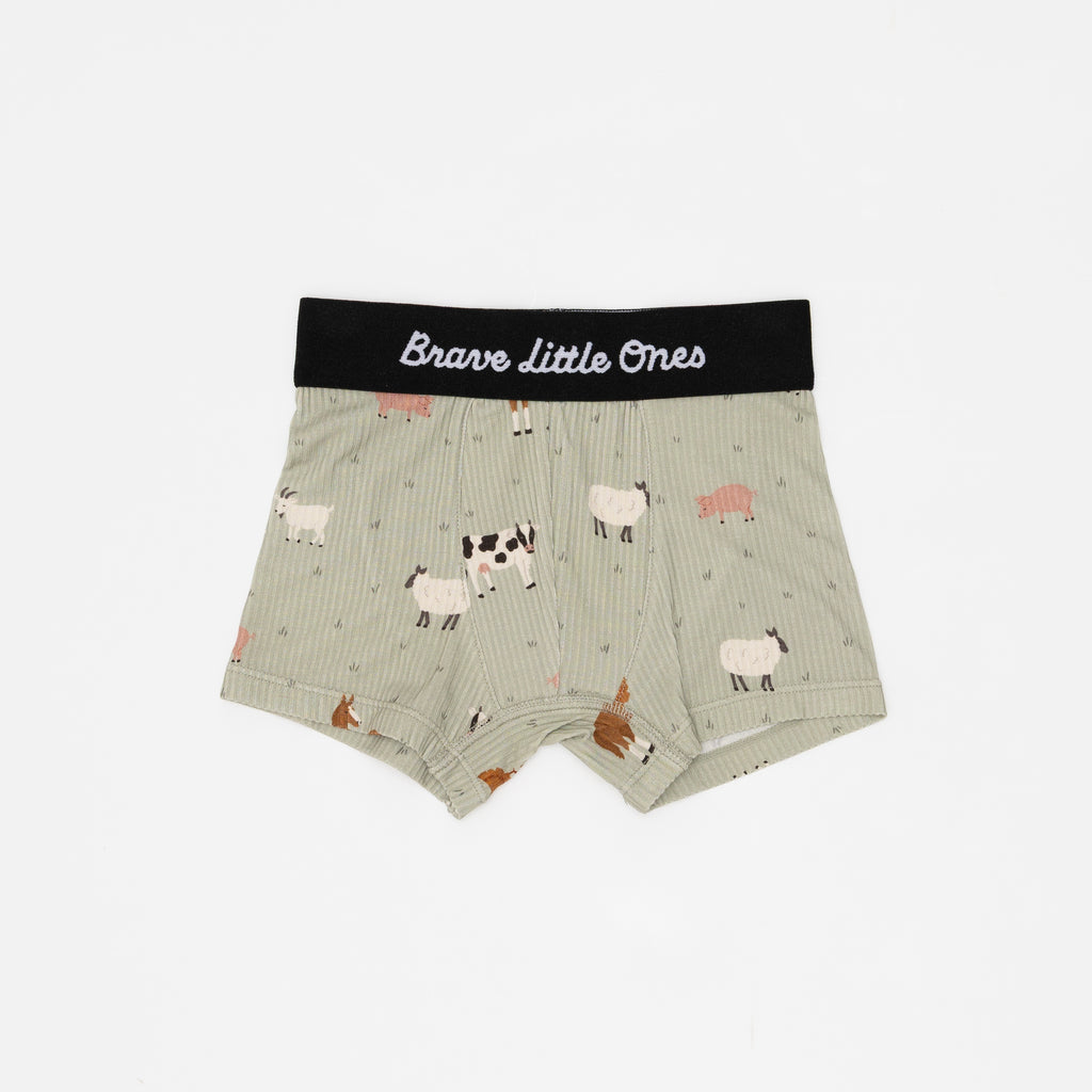 Children's underwear with farm animal pattern and 'Brave Little Ones' waistband on a white background