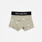 Children's underwear with farm animal pattern and 'Brave Little Ones' waistband on a white background