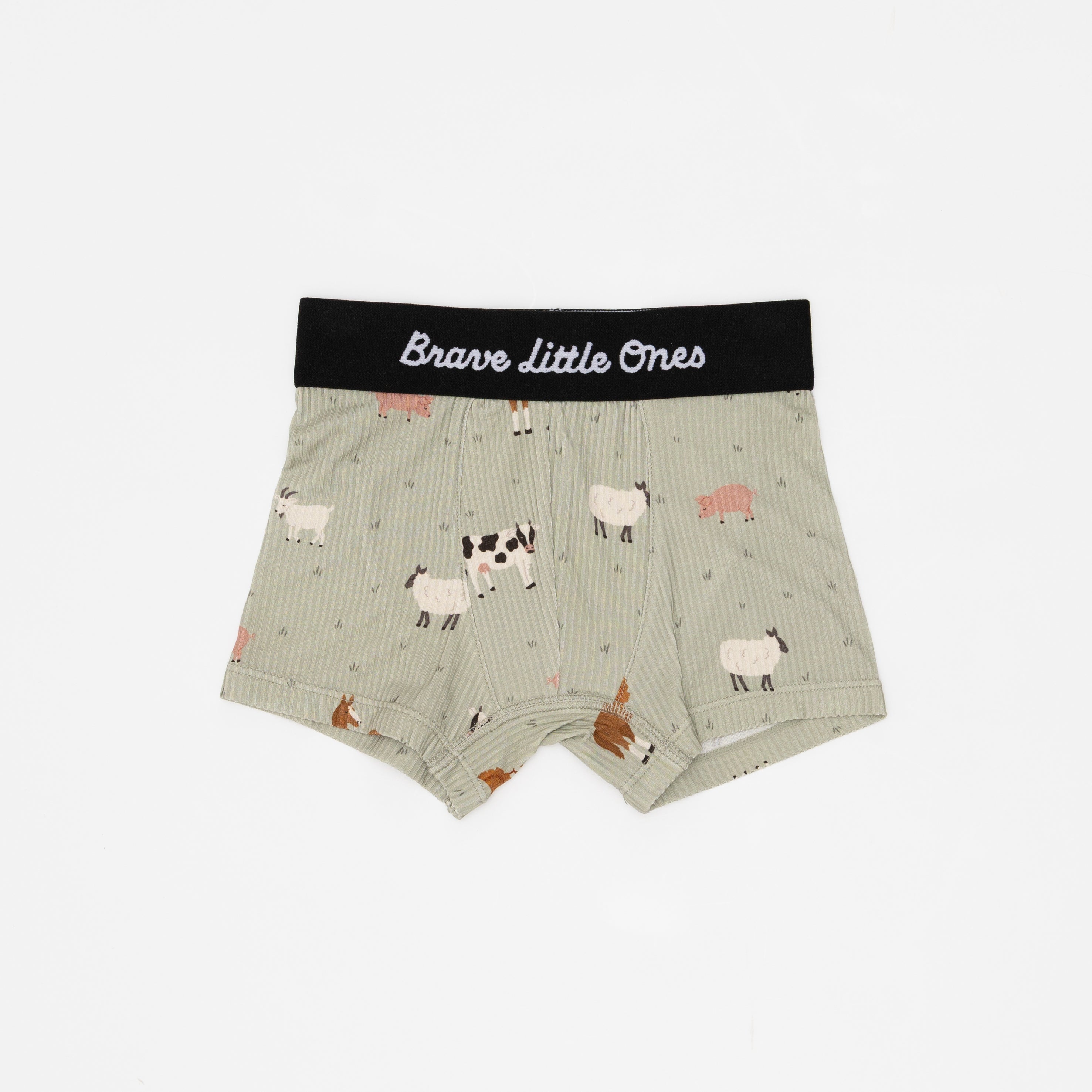 Children's underwear with farm animal pattern and 'Brave Little Ones' waistband on a white background