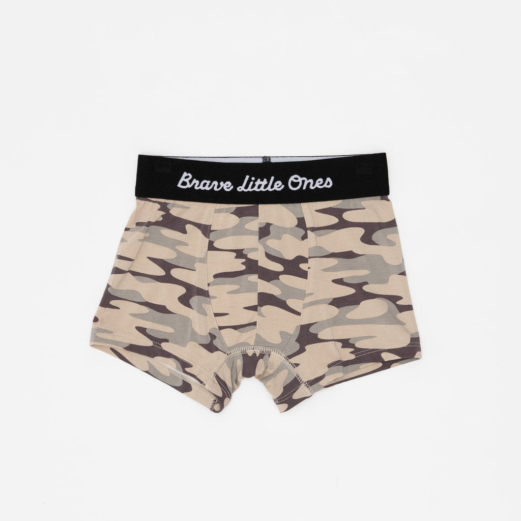Camouflage boxer briefs with black waistband on a white background