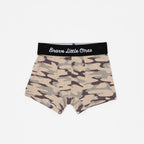 Camouflage boxer briefs with black waistband on a white background