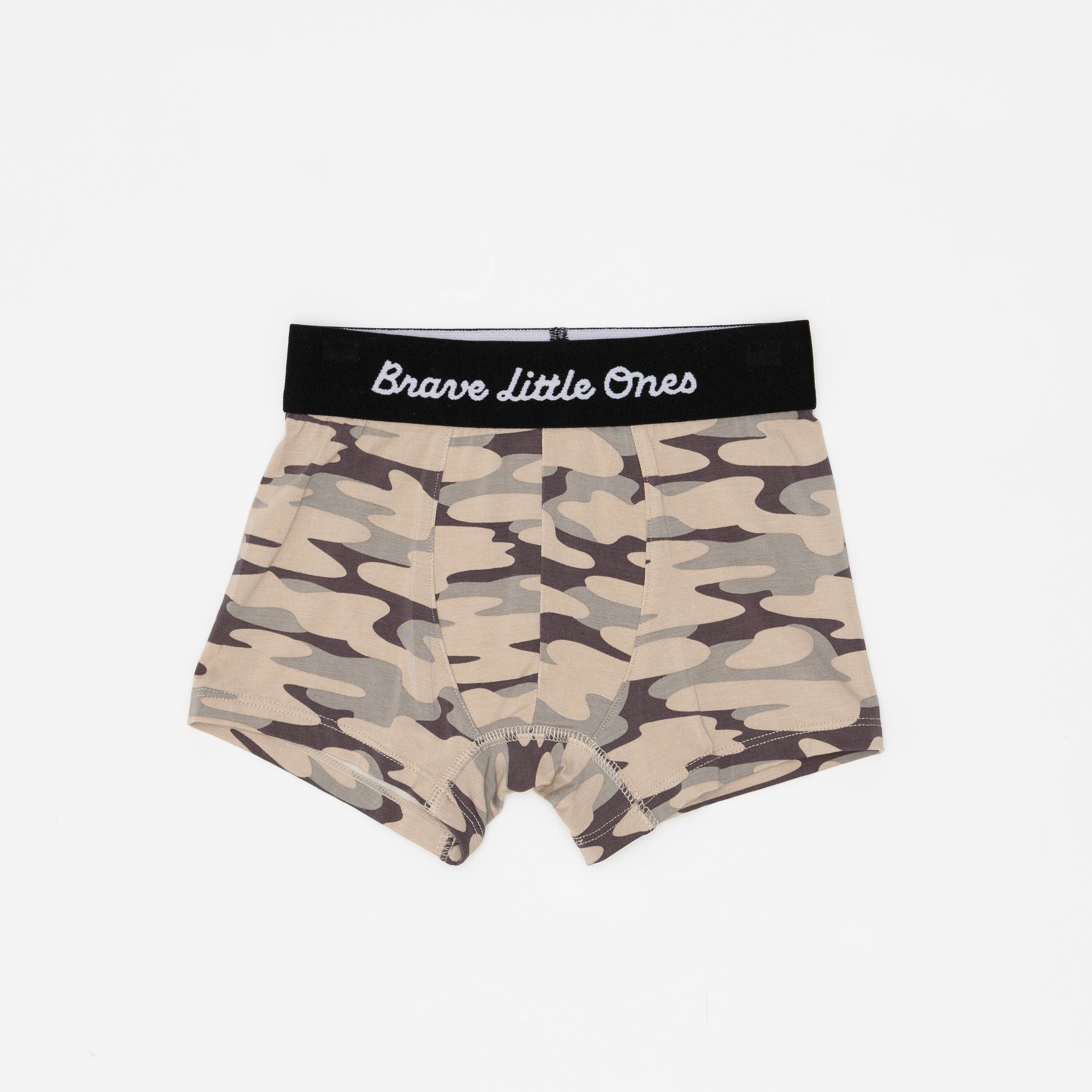 Camouflage boxer briefs with black waistband on a white background