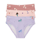 Set of three children's underwear with different girly patterns on a white background