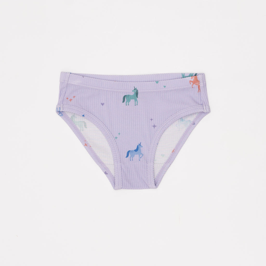 Lavender underwear with unicorn pattern on a white background