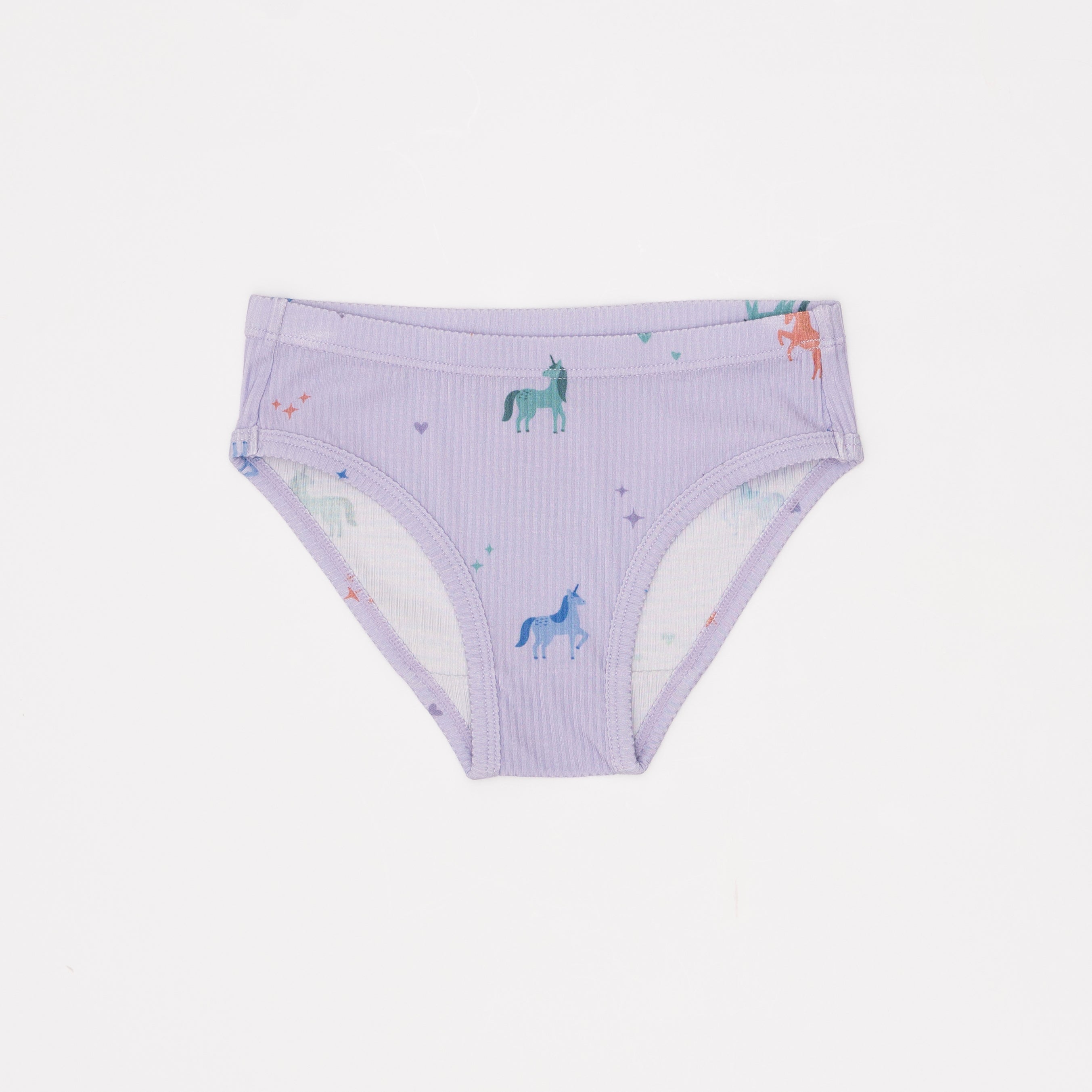 Lavender underwear with unicorn pattern on a white background