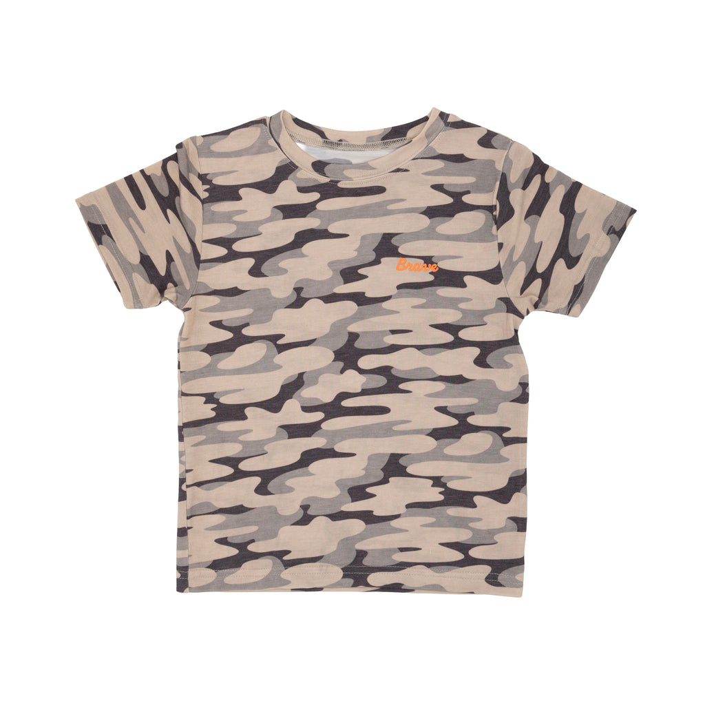 Camouflage-patterned t-shirt with a brand logo on a white background